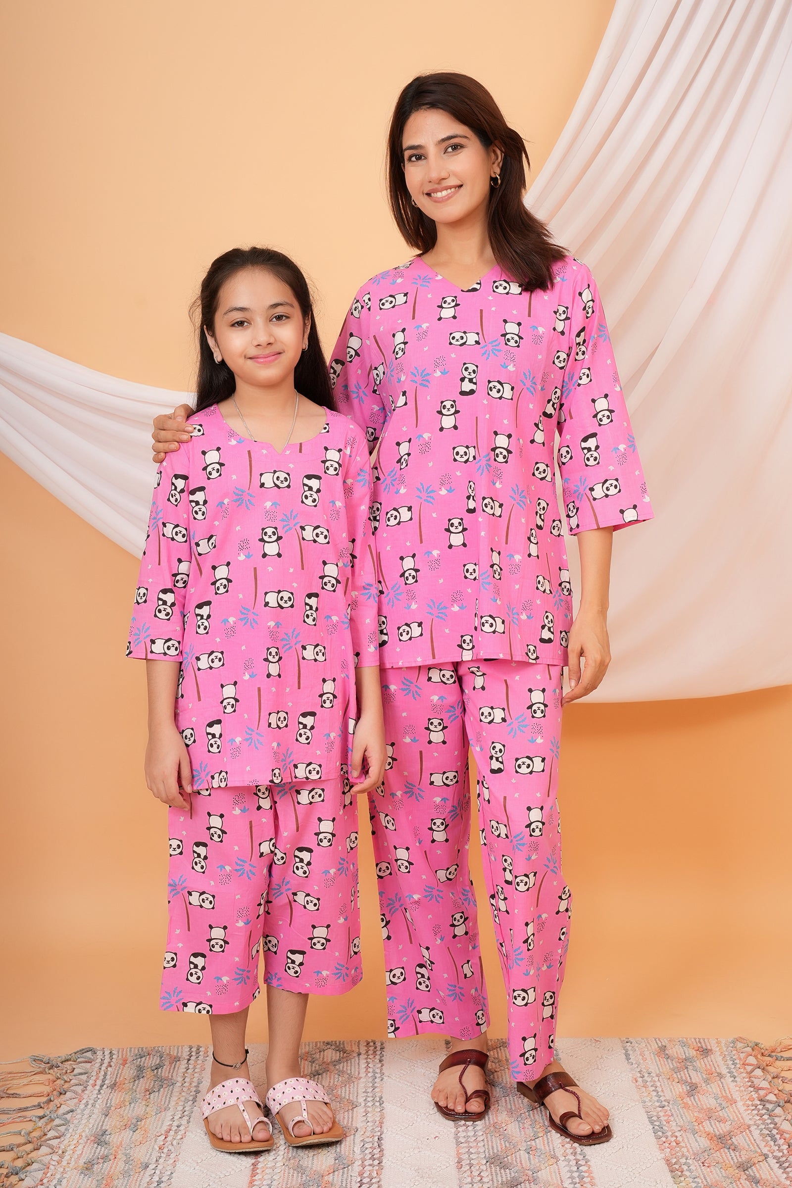 Panda & Tree Printed Night Dress for Maa Beti Duo - Pink