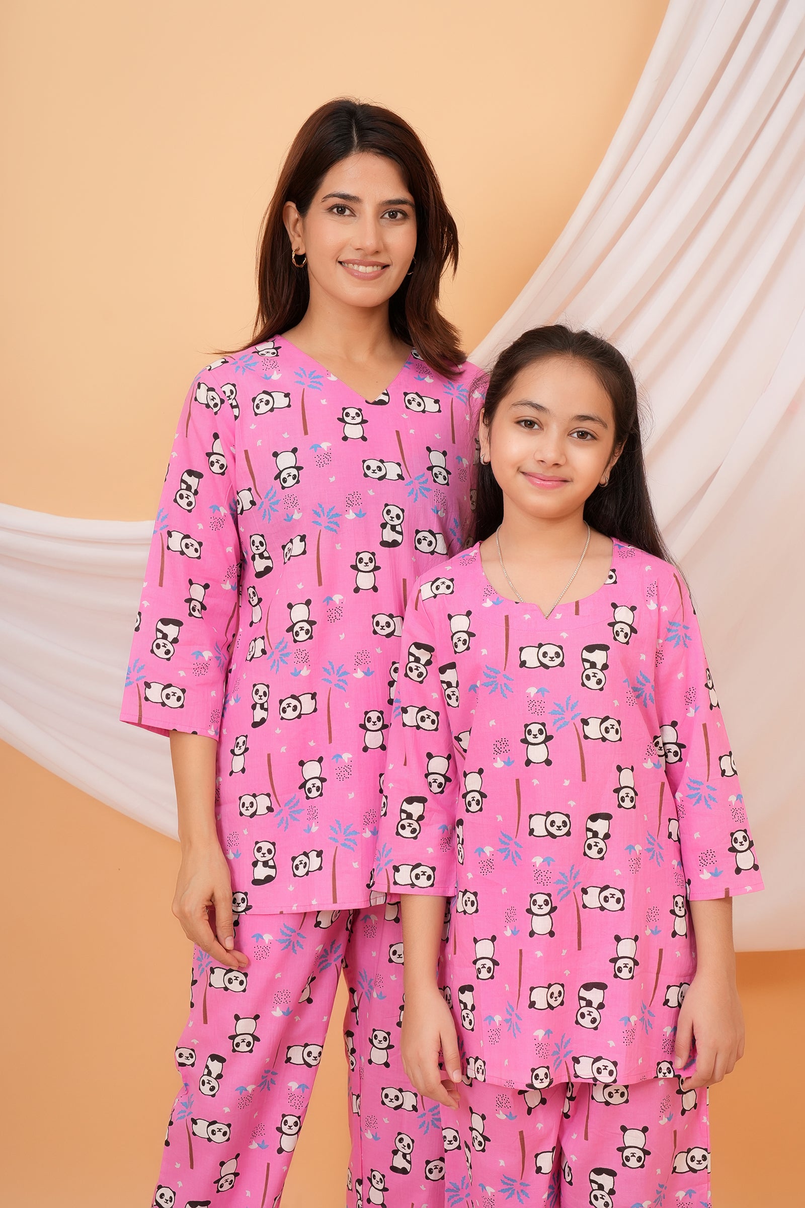 Panda & Tree Printed Night Dress for Maa Beti Duo - Pink