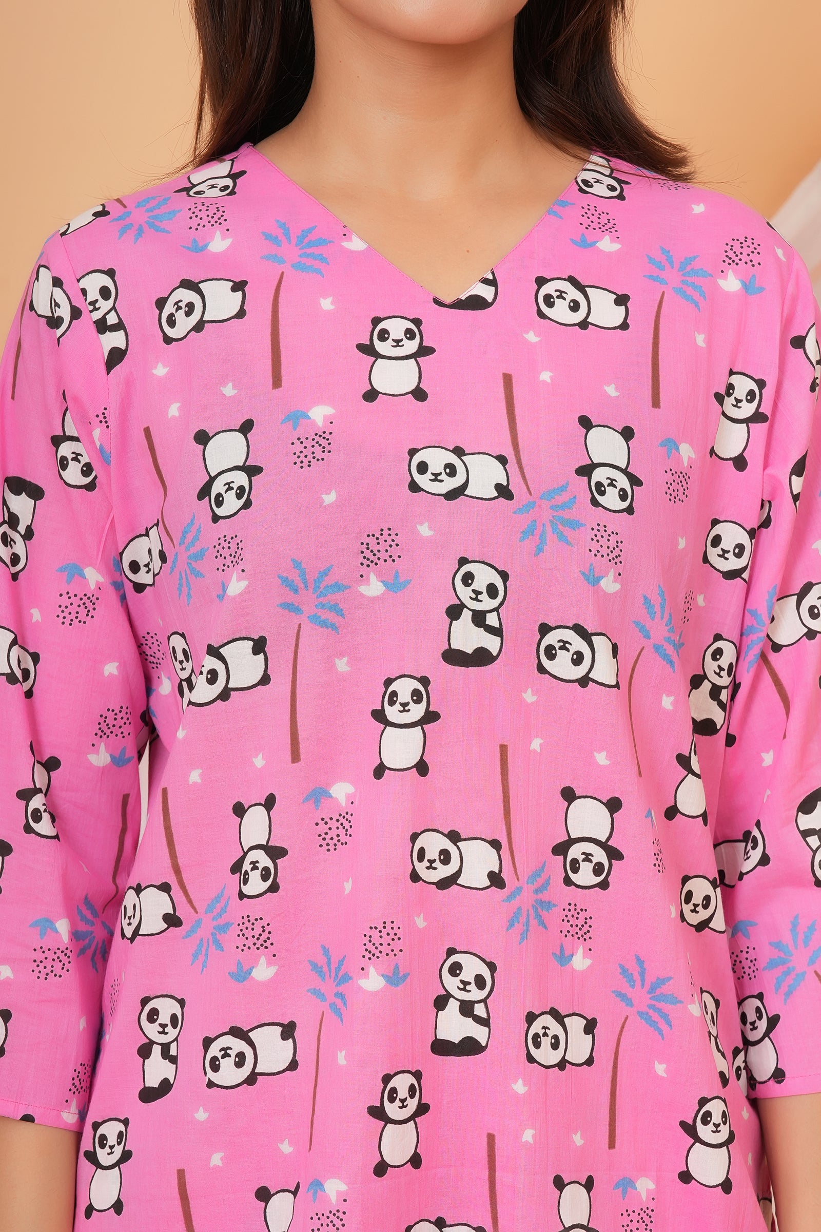 Panda & Tree Printed Night Dress for Maa Beti Duo - Pink
