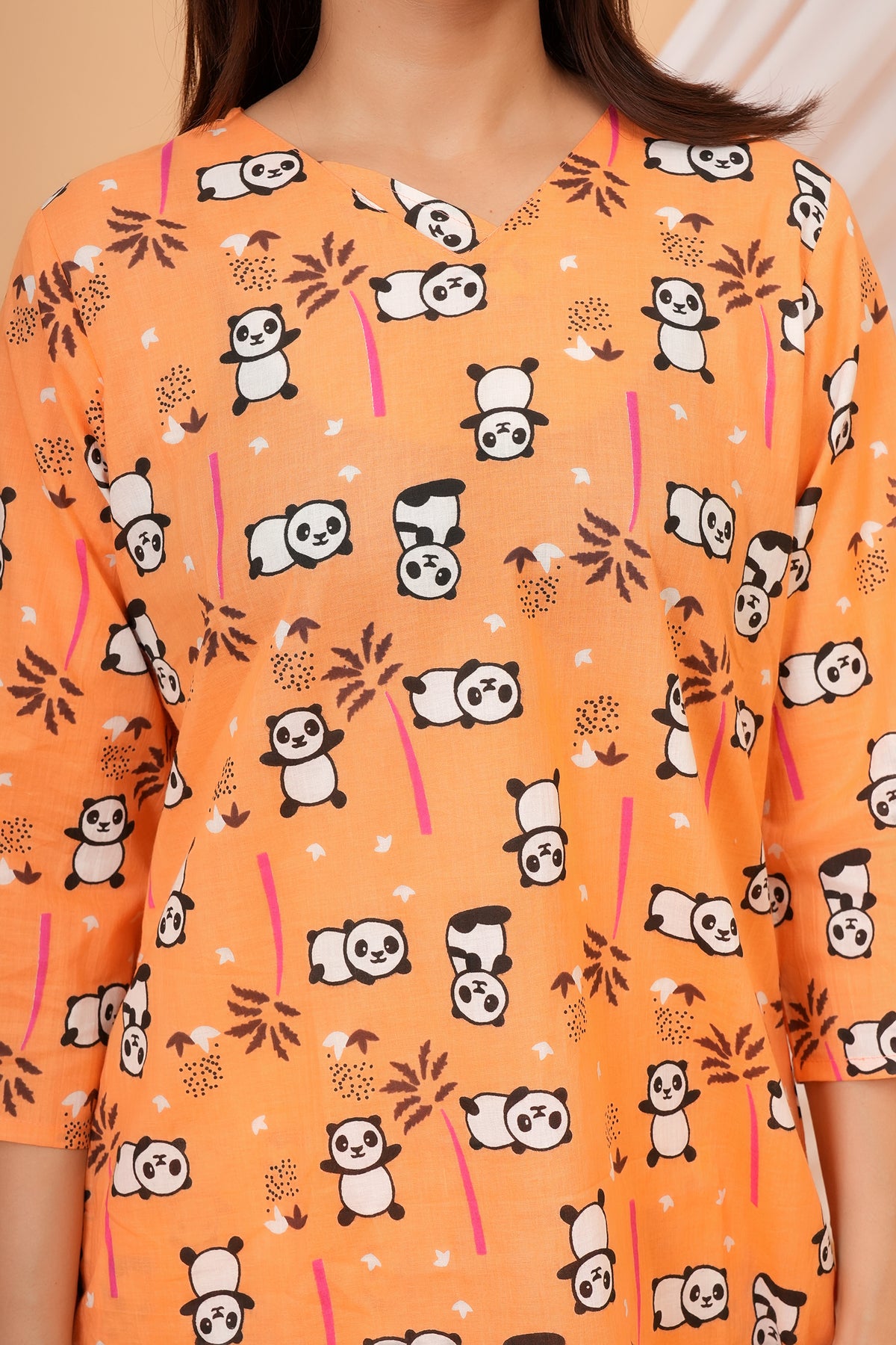 Panda & Tree Printed Night Dress for Maa Beti Duo - Orange