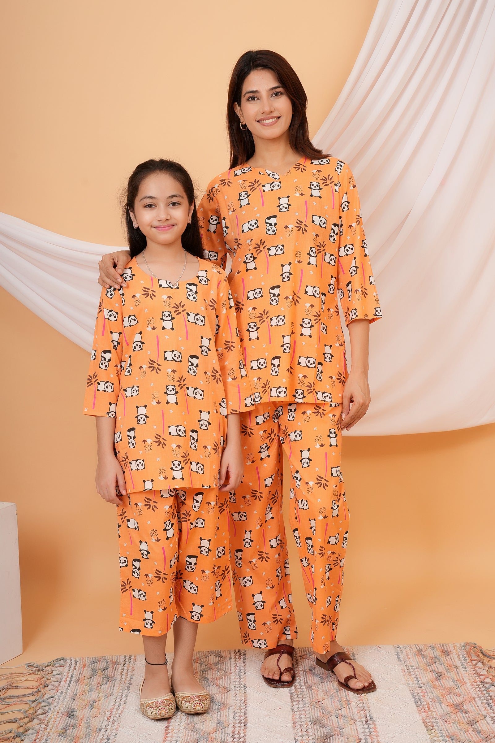 Panda & Tree Printed Night Dress for Maa Beti Duo - Orange
