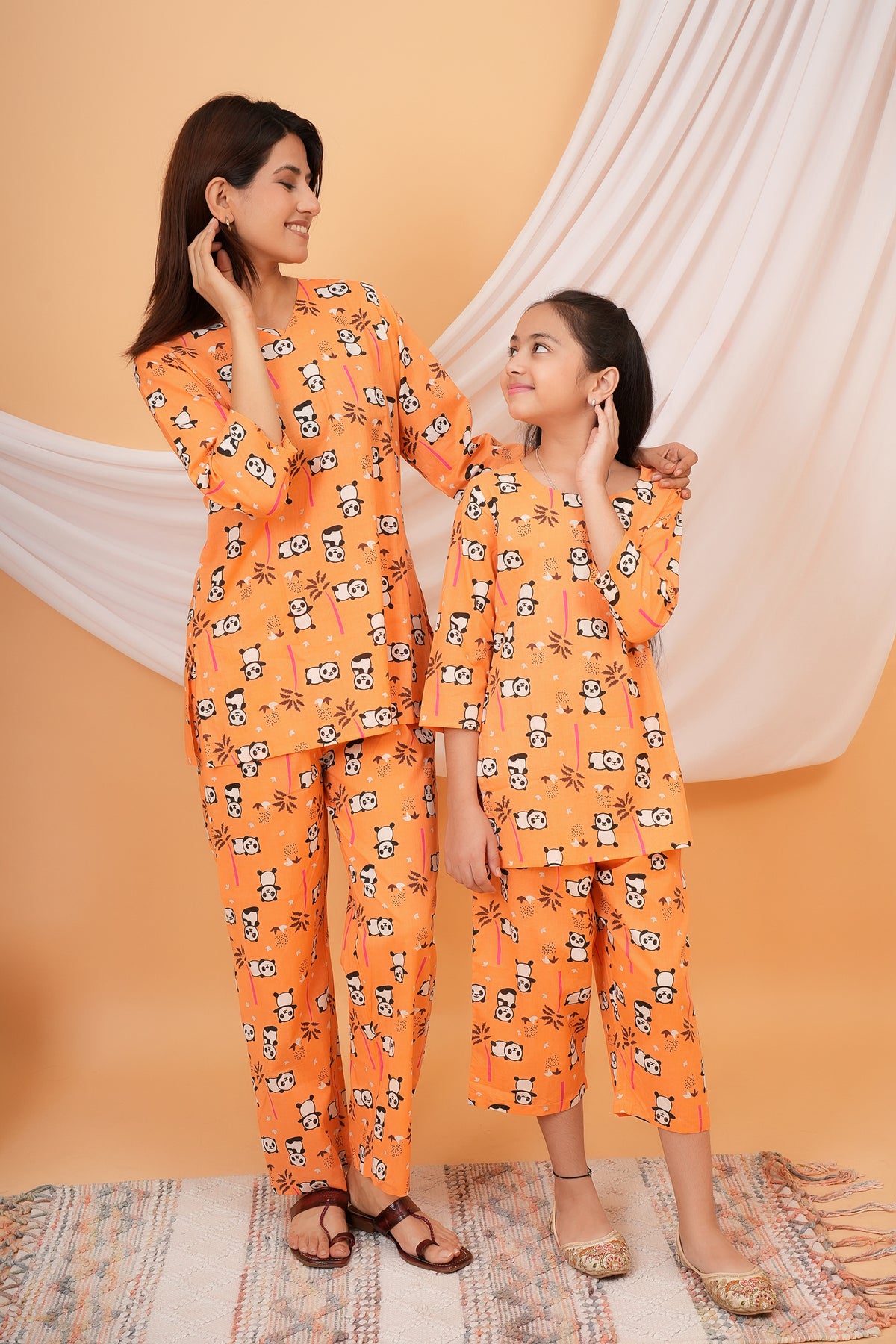 Panda & Tree Printed Night Dress for Maa Beti Duo - Orange
