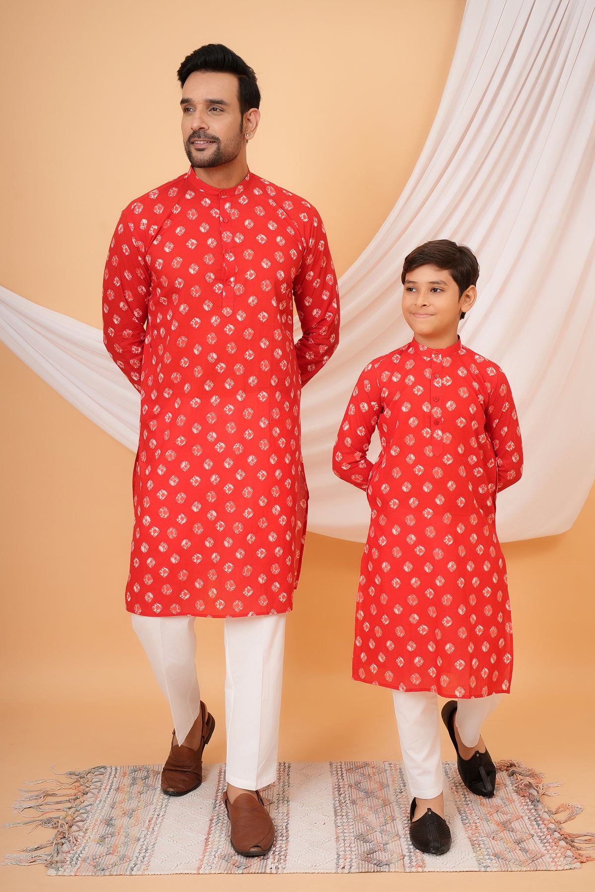 Stunning Bandhani-Inspired Printed Cotton Kurta For Beta In Red Color