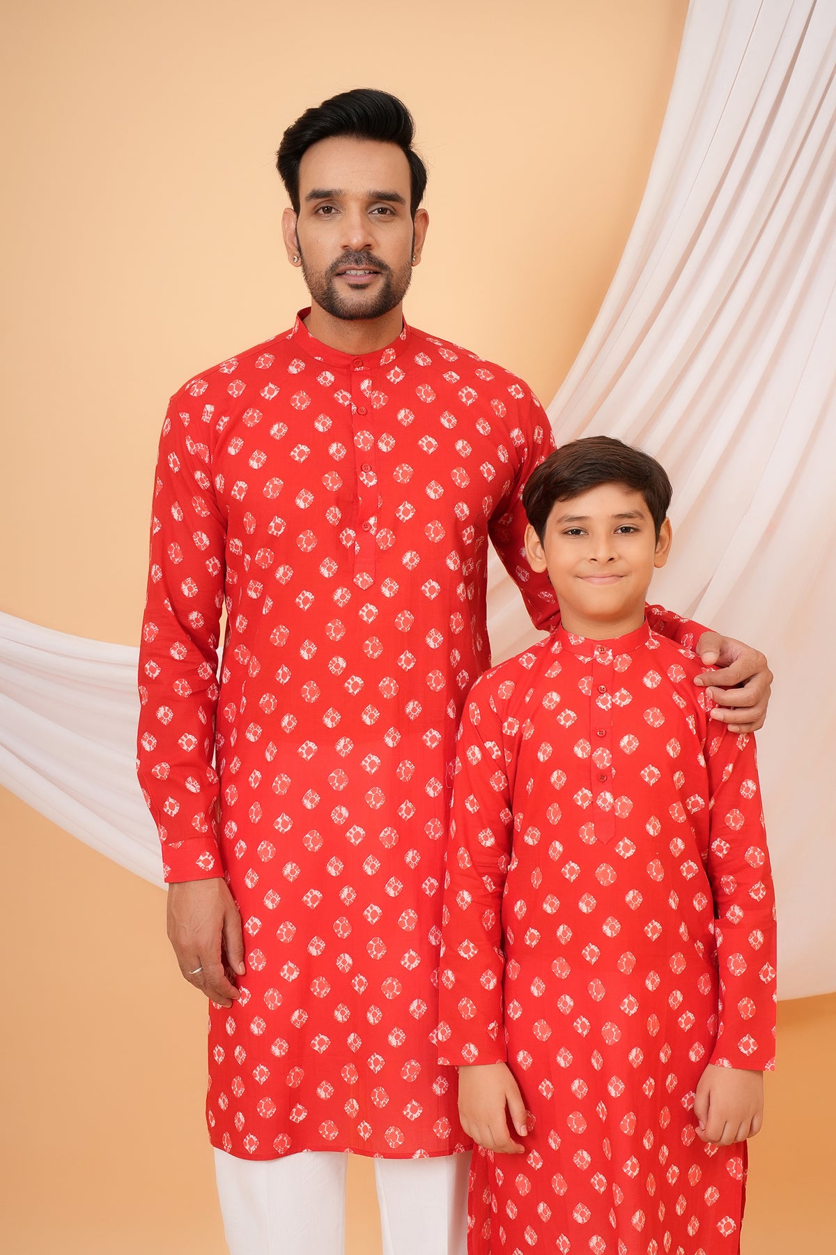 Stunning Bandhani-Inspired Printed Cotton Kurta For Beta In Red Color