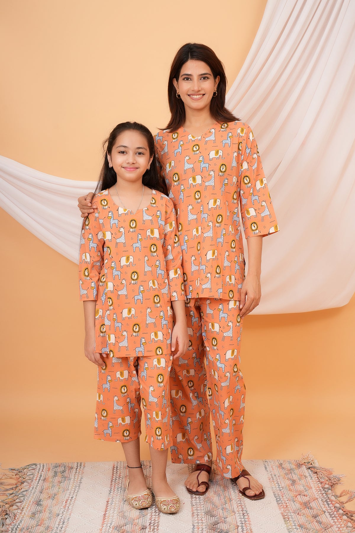 Giraffe & Lion Printed Night Dress for Maa Beti Duo - Orange
