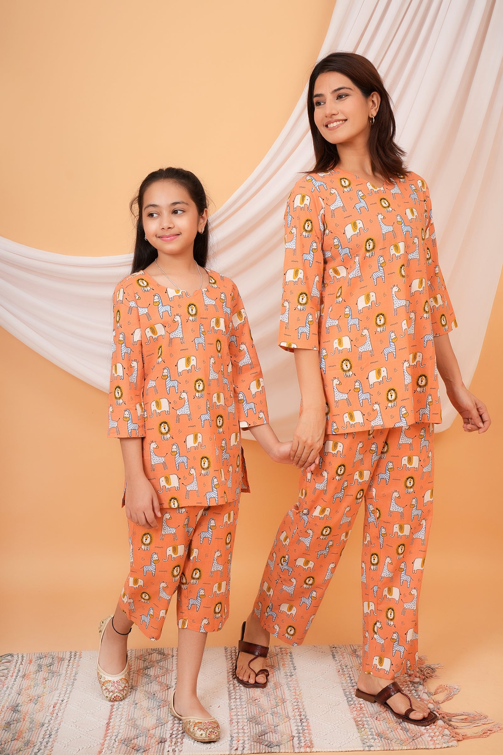 Giraffe & Lion Printed Night Dress for Maa Beti Duo - Orange