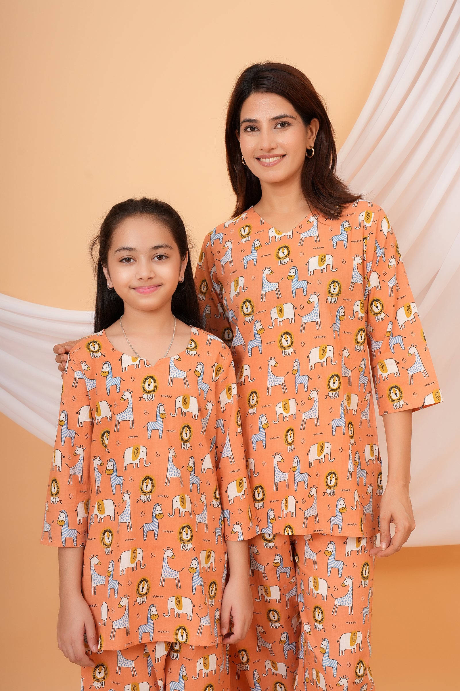 Giraffe & Lion Printed Night Dress for Maa Beti Duo - Orange