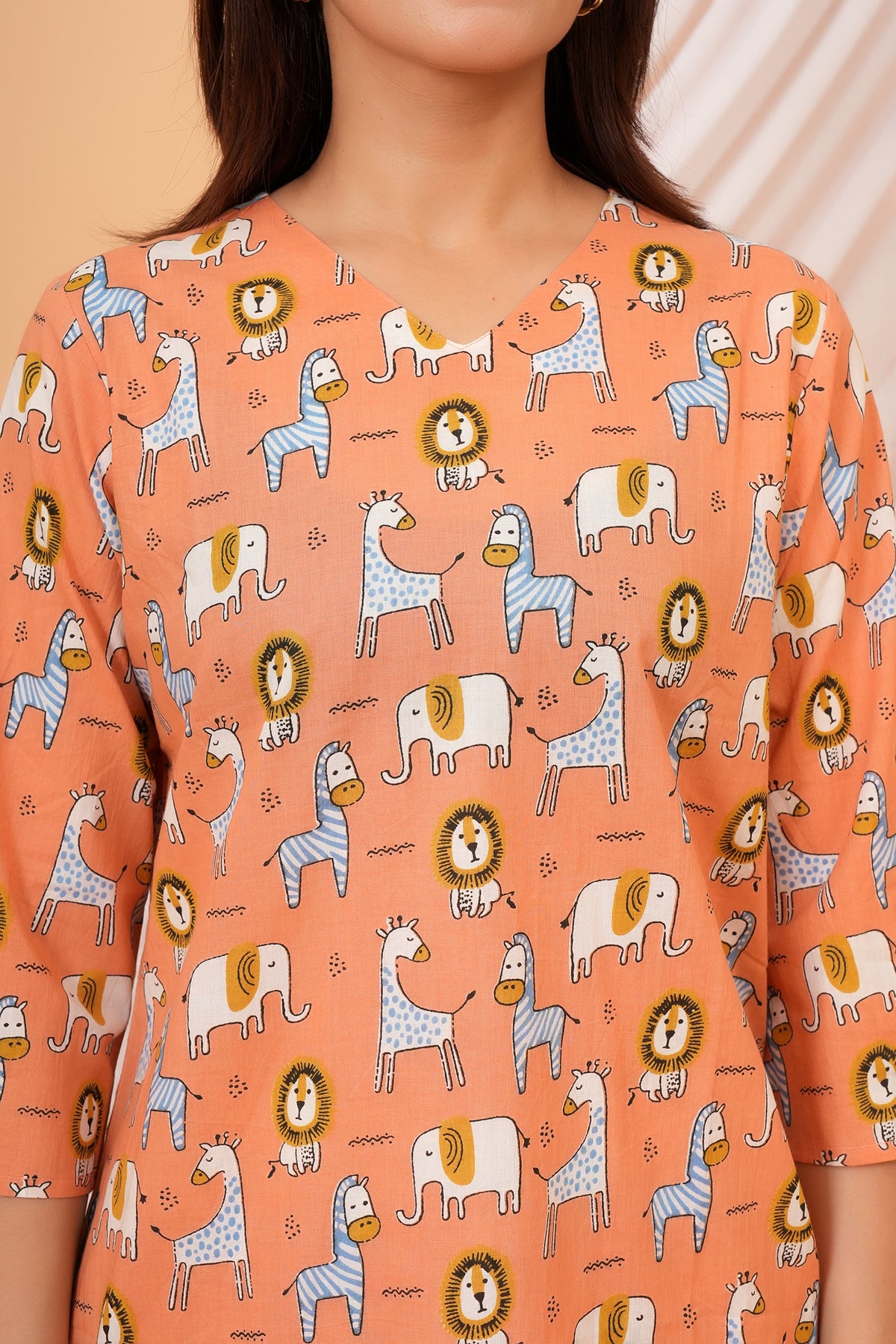 Giraffe & Lion Printed Night Dress for Maa Beti Duo - Orange
