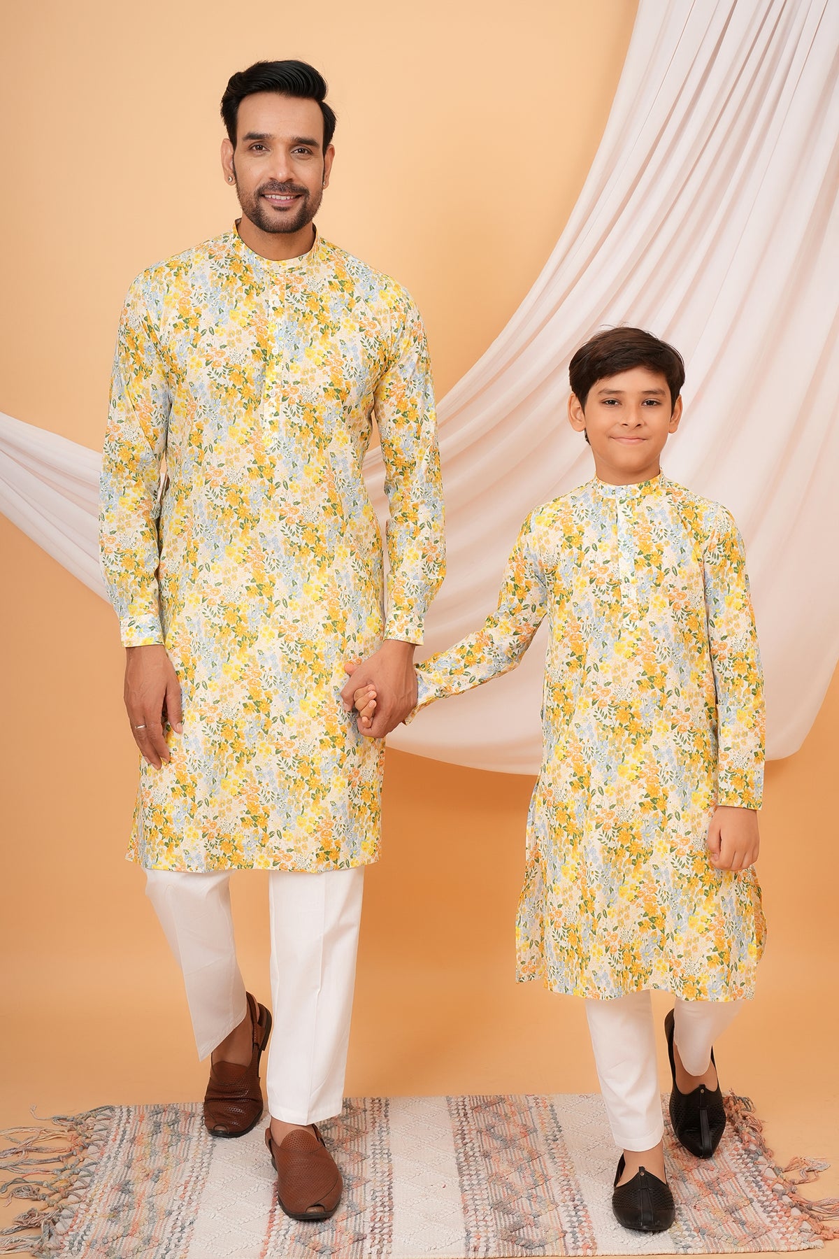 Colorful Flowers Printed Cotton Kurta For Baap Beta Duo-Yellow