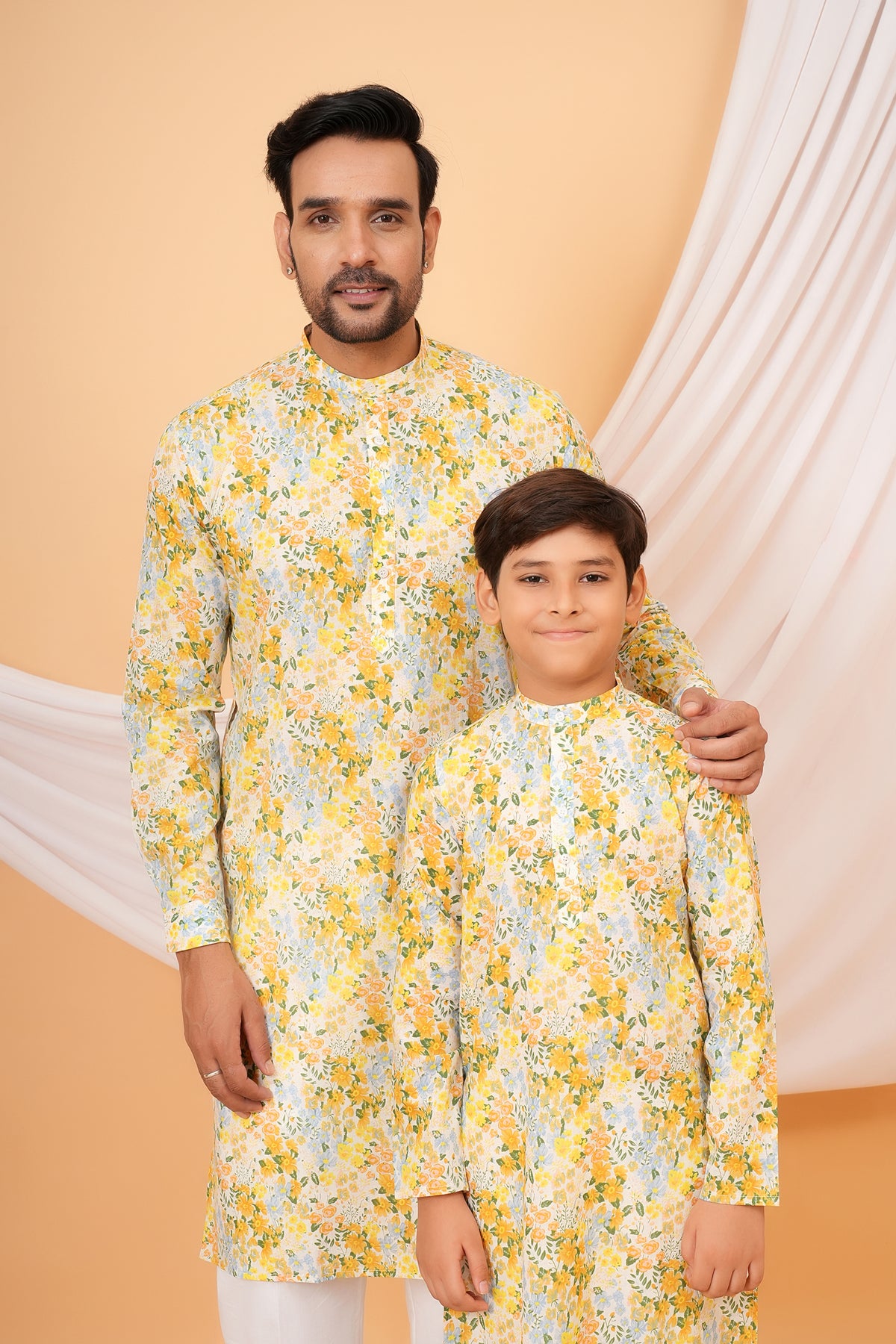 Colorful Flowers Printed Cotton Kurta For Baap Beta Duo-Yellow