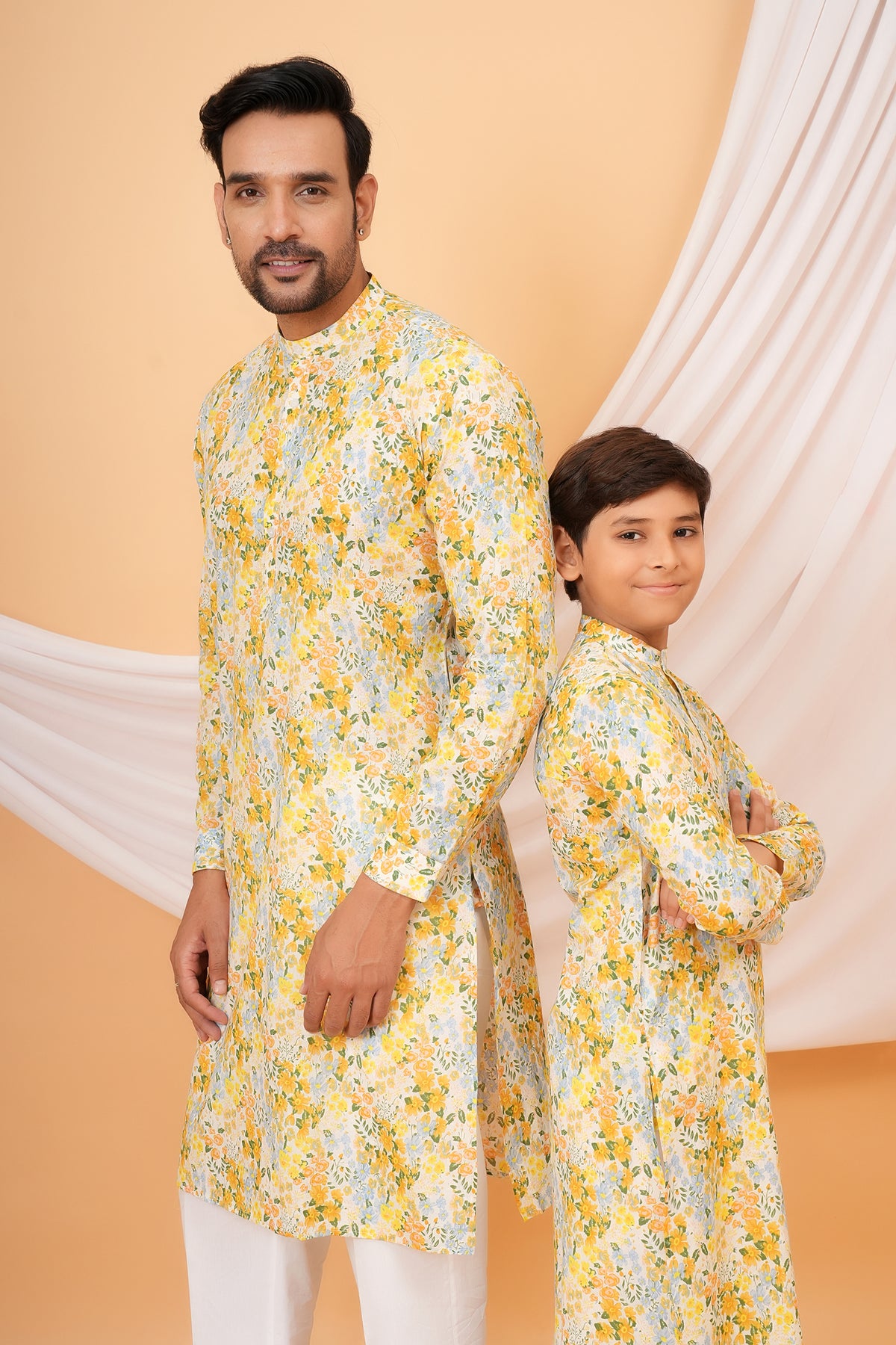 Colorful Flowers Printed Cotton Kurta For Baap Beta Duo-Yellow