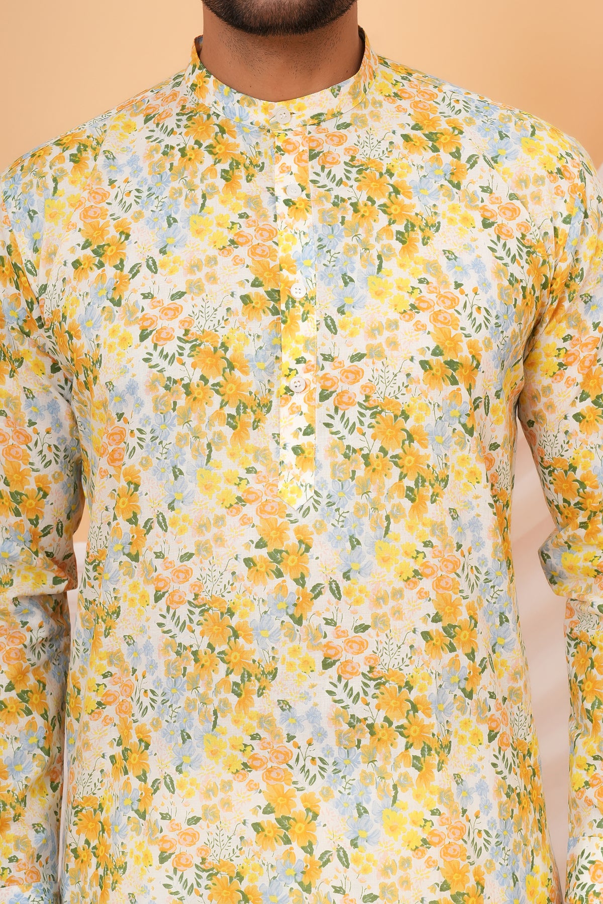 Colorful Flowers Printed Cotton Kurta For Baap Beta Duo-Yellow