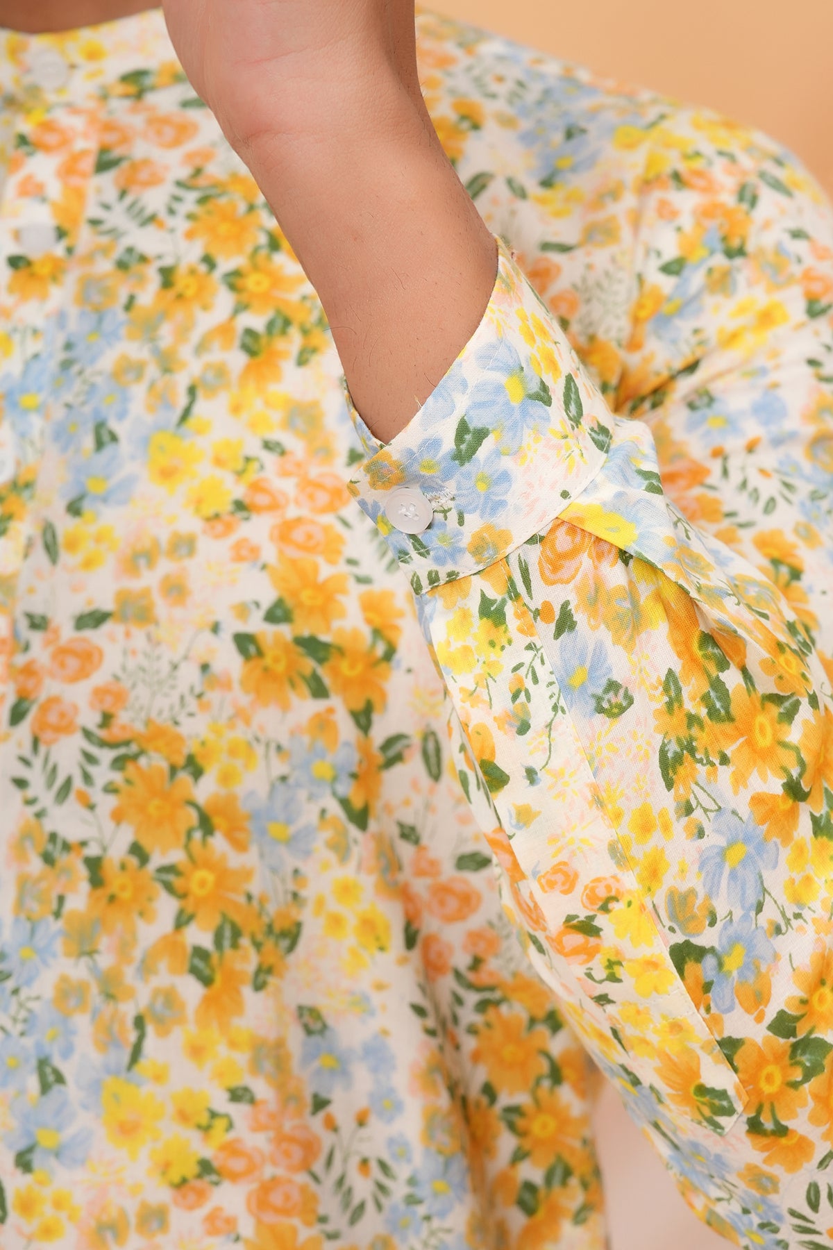 Colorful Flowers Printed Cotton Kurta For Baap Beta Duo-Yellow