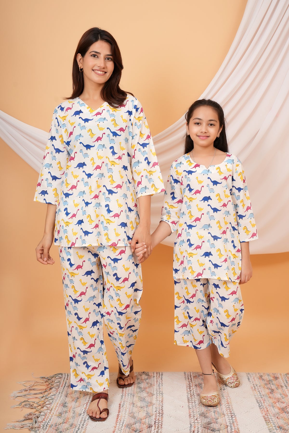 Blue, Pink, Yellow Dinosaur Printed Night Dress for Maa Beti Duo - White