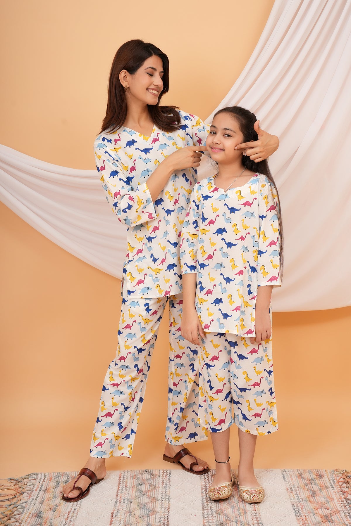 Blue, Pink, Yellow Dinosaur Printed Night Dress for Maa Beti Duo - White