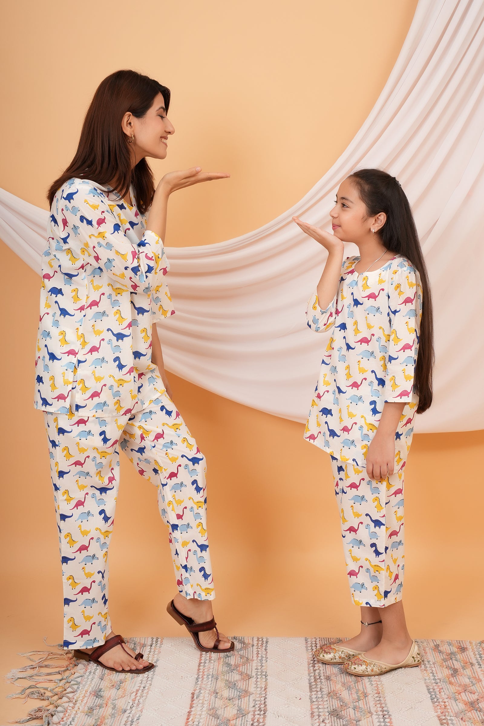 Blue, Pink, Yellow Dinosaur Printed Night Dress for Maa Beti Duo - White