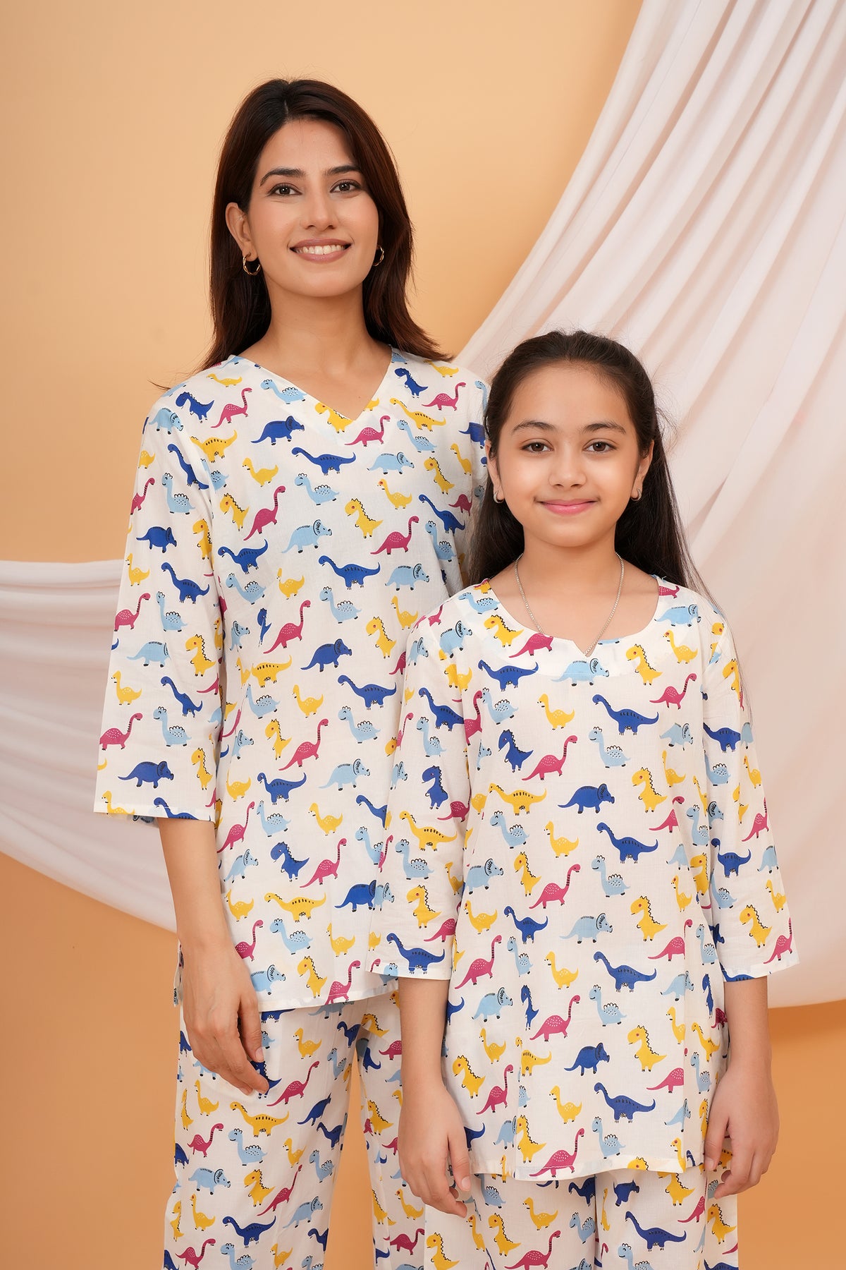 Blue, Pink, Yellow Dinosaur Printed Night Dress for Maa Beti Duo - White