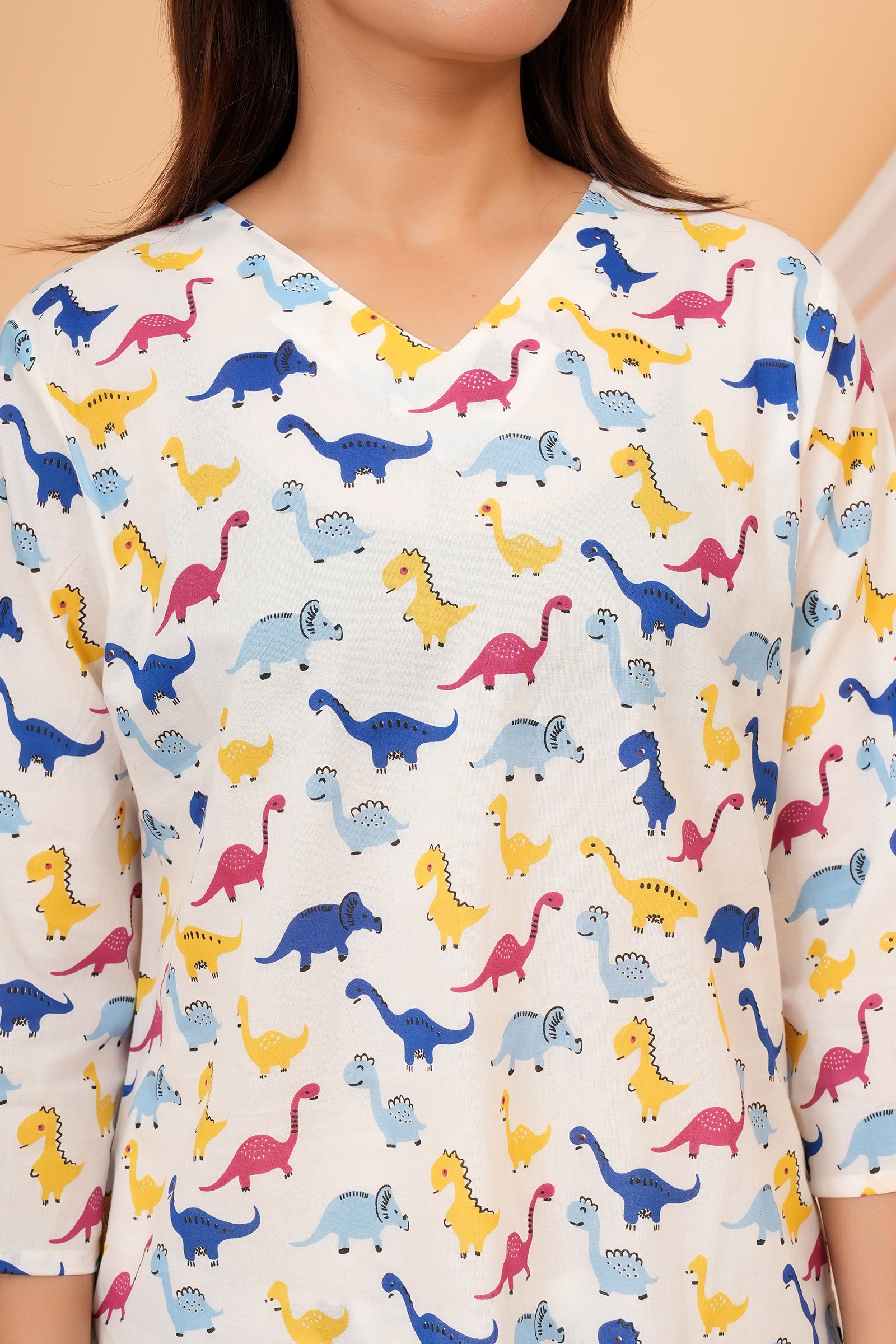 Blue, Pink, Yellow Dinosaur Printed Night Dress for Maa Beti Duo - White