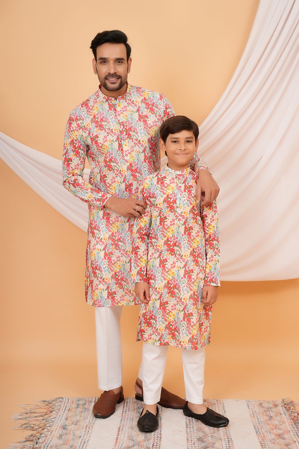 Aesthetic Multicolor All Over Printed  Mandarin Collar Cotton Kurta For Father