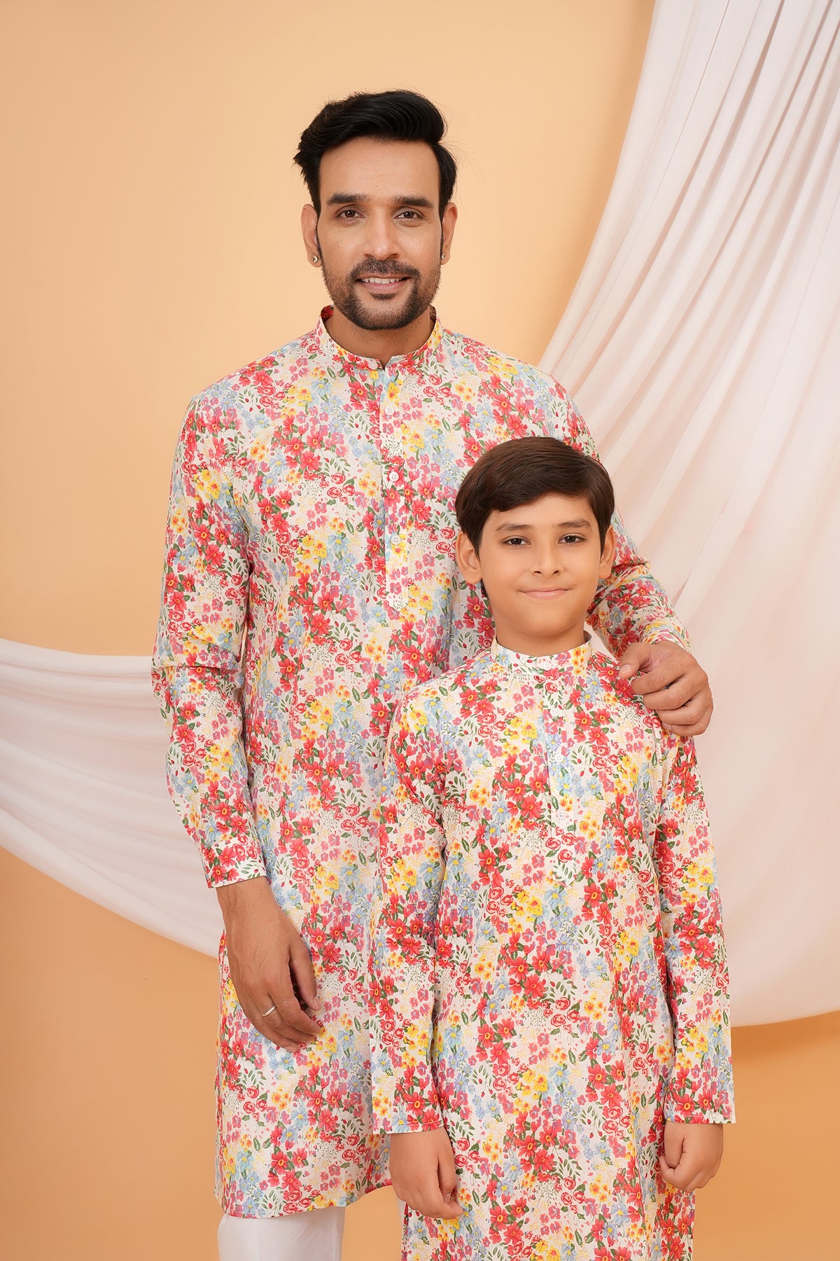 Aesthetic Multicolor All Over Printed  Mandarin Collar Cotton Kurta For Father