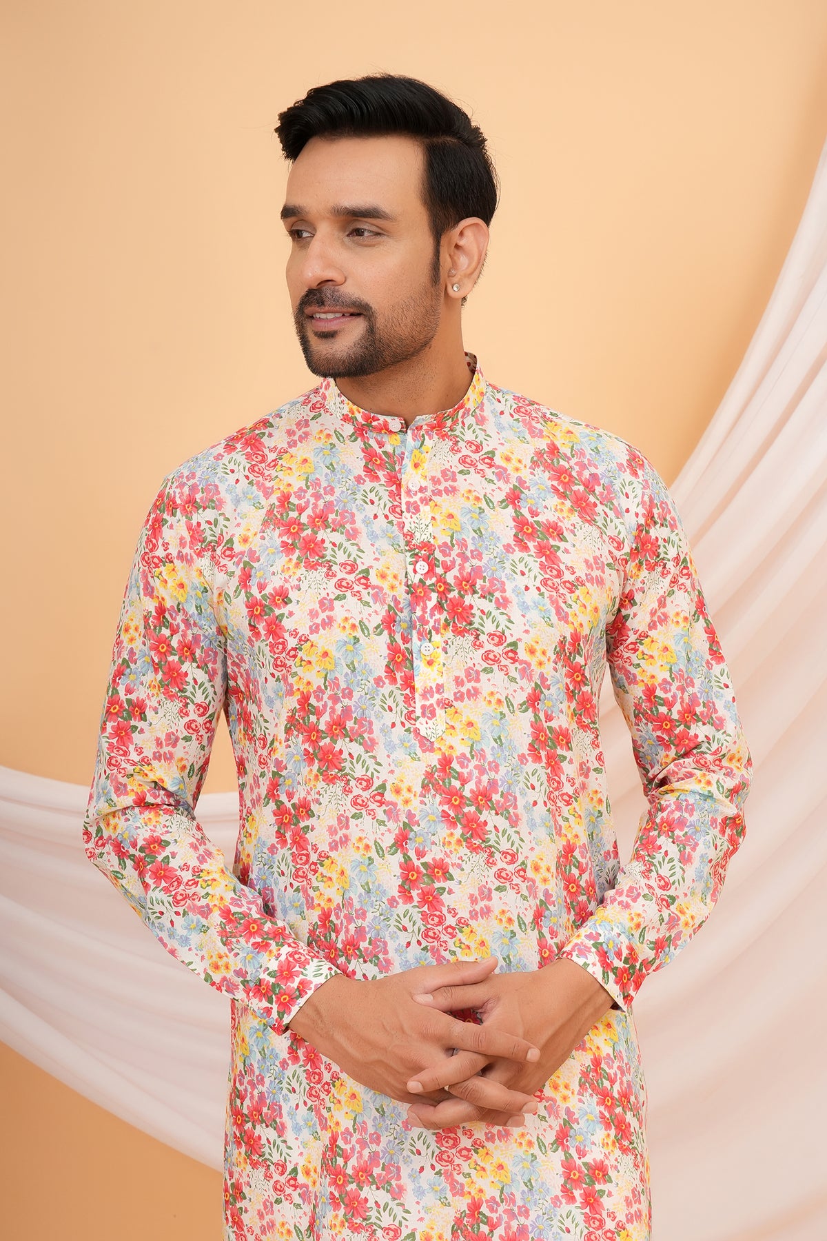 Aesthetic Multicolor All Over Printed  Mandarin Collar Cotton Kurta For Father
