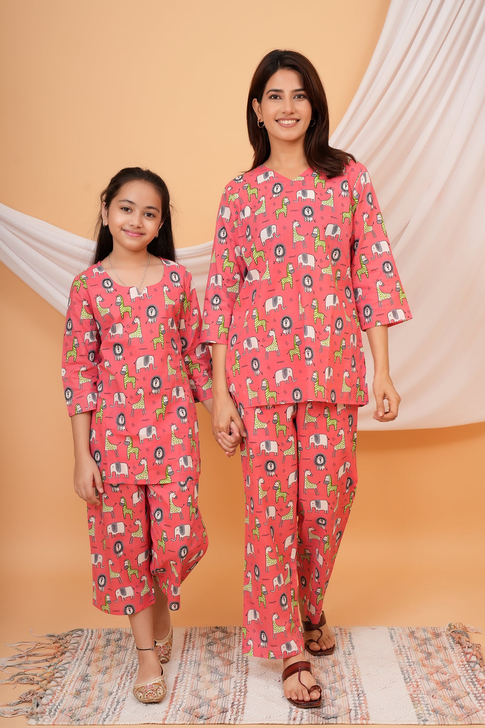 Giraffe, Lion & Zebra Printed Night Dress for Maa Beti Duo - Pink