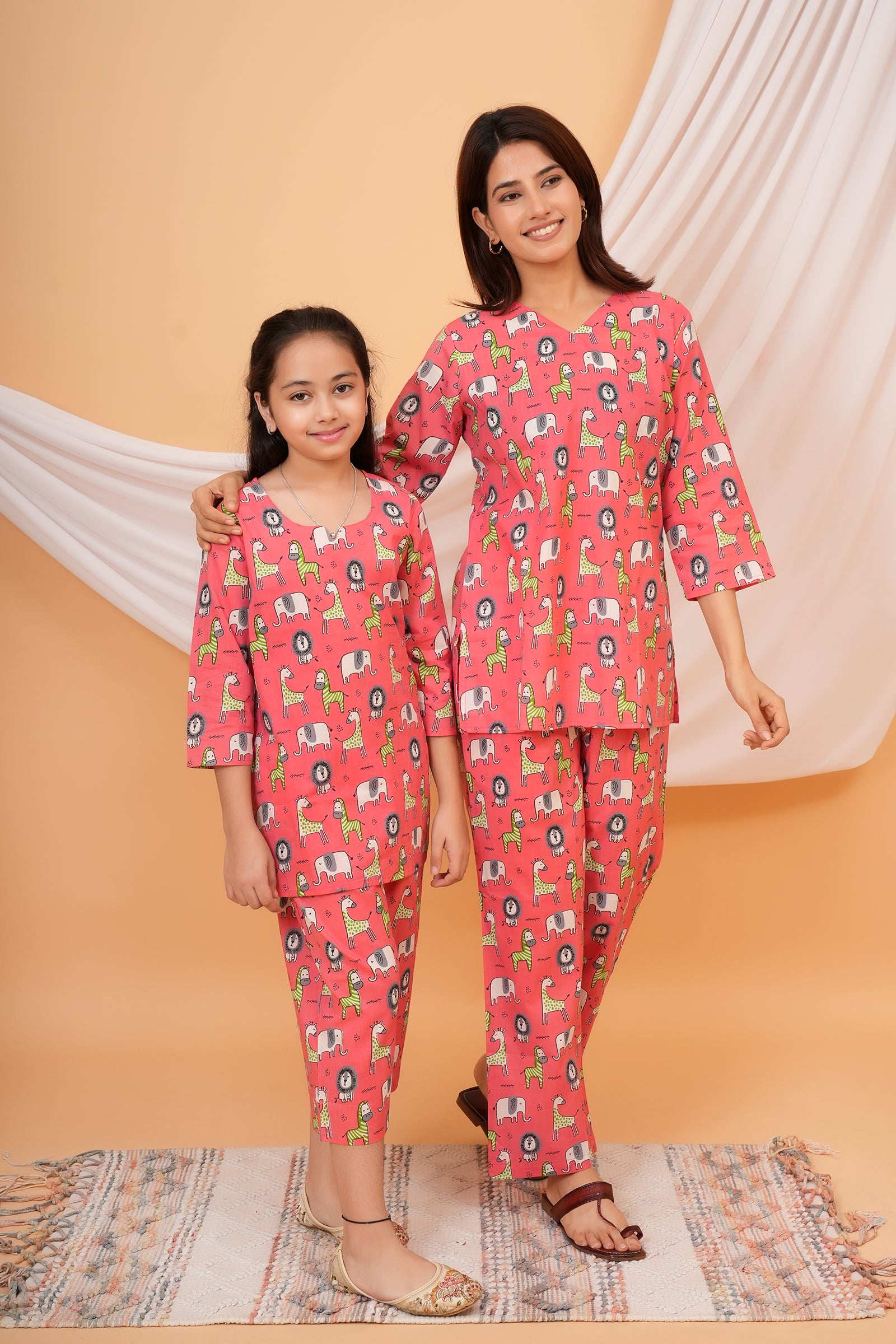 Giraffe, Lion & Zebra Printed Night Dress for Maa Beti Duo - Pink