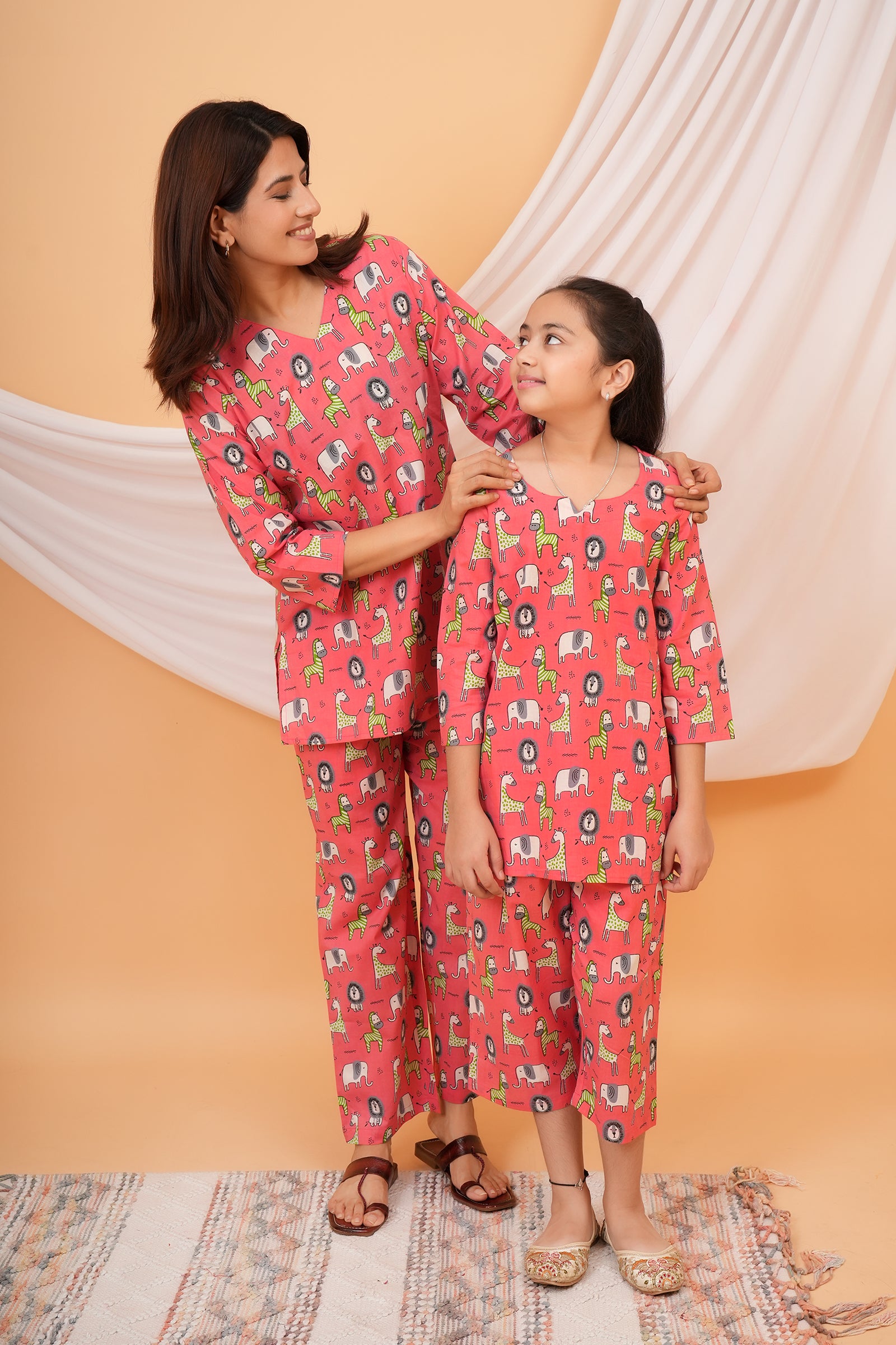 Giraffe, Lion & Zebra Printed Night Dress for Maa Beti Duo - Pink