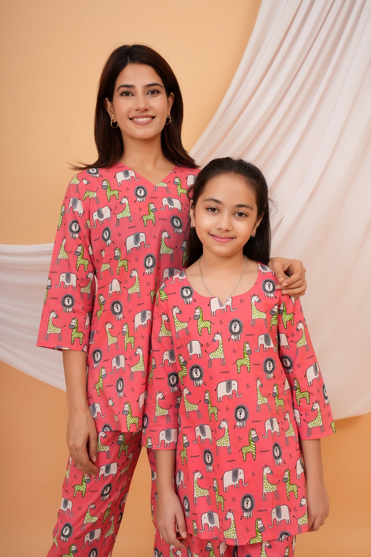 Giraffe, Lion & Zebra Printed Night Dress for Maa Beti Duo - Pink