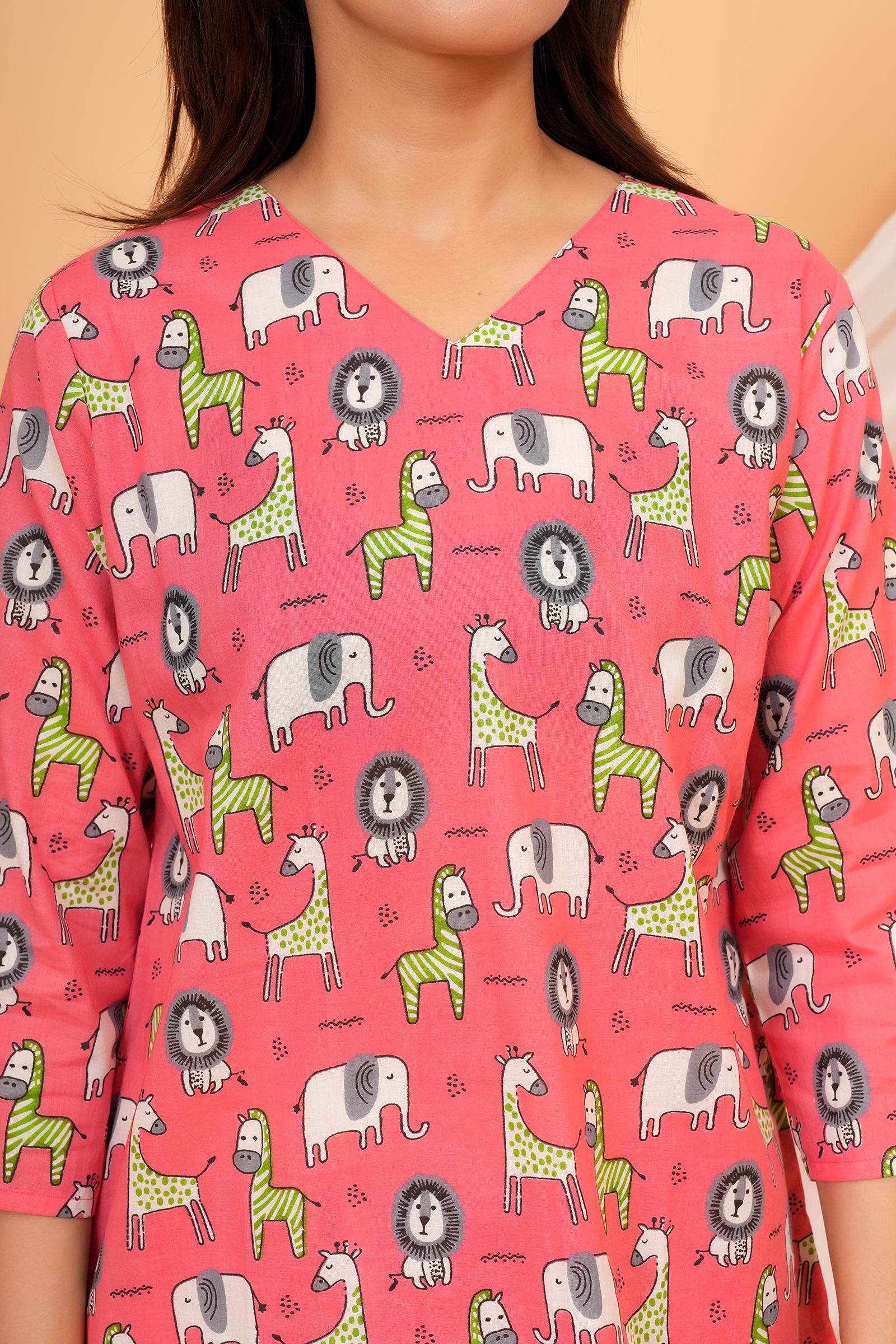 Giraffe, Lion & Zebra Printed Night Dress for Maa Beti Duo - Pink