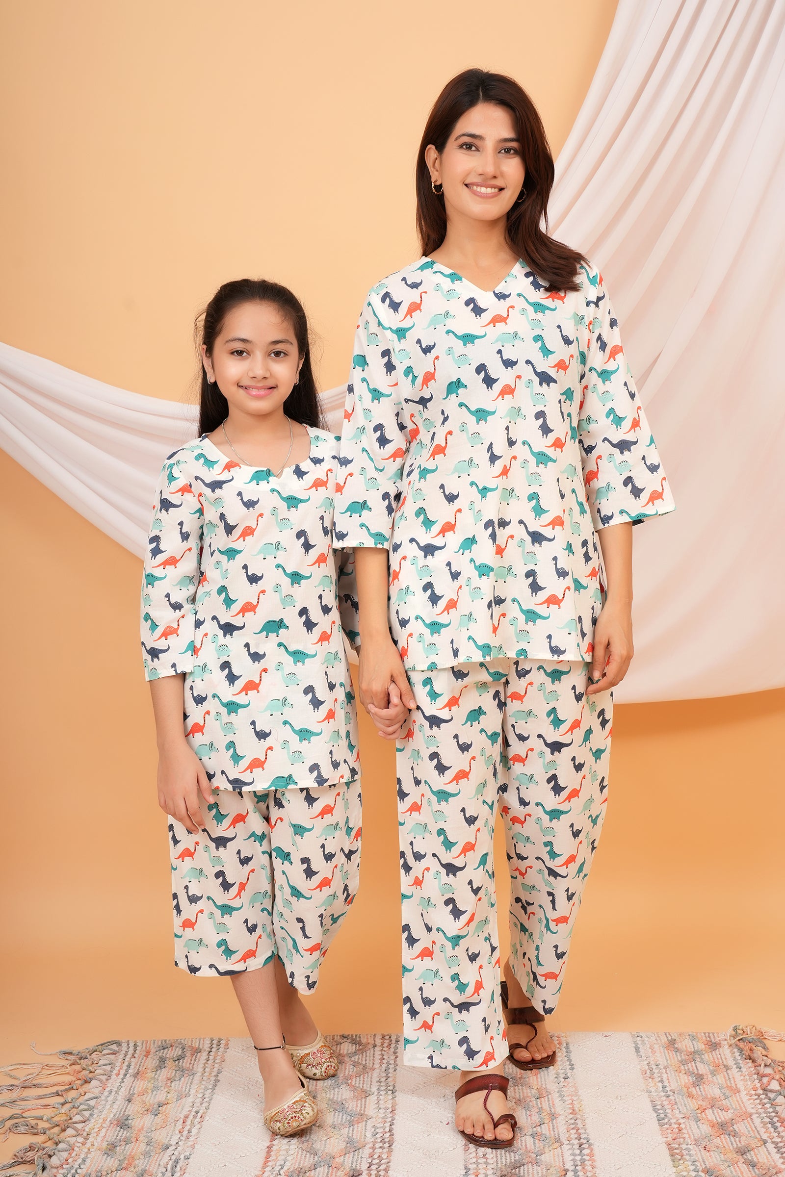 Green, Orange, Blue Dinosaur Printed Night Dress for Maa Beti Duo - White
