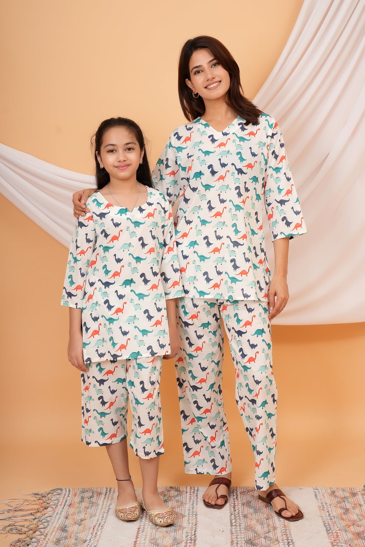 Green, Orange, Blue Dinosaur Printed Night Dress for Maa Beti Duo - White