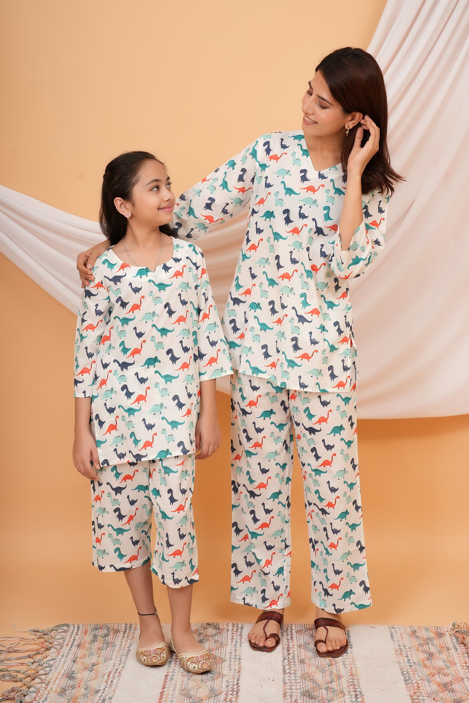 Green, Orange, Blue Dinosaur Printed Night Dress for Maa Beti Duo - White