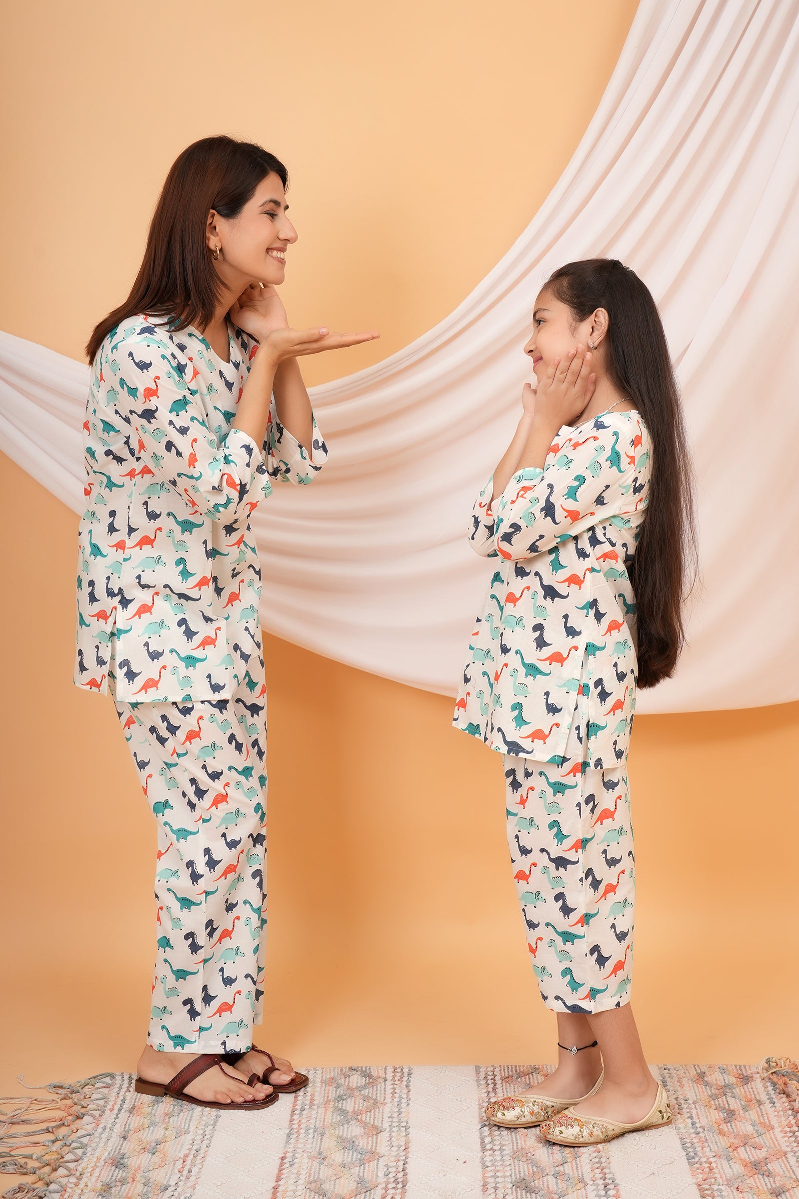Green, Orange, Blue Dinosaur Printed Night Dress for Maa Beti Duo - White