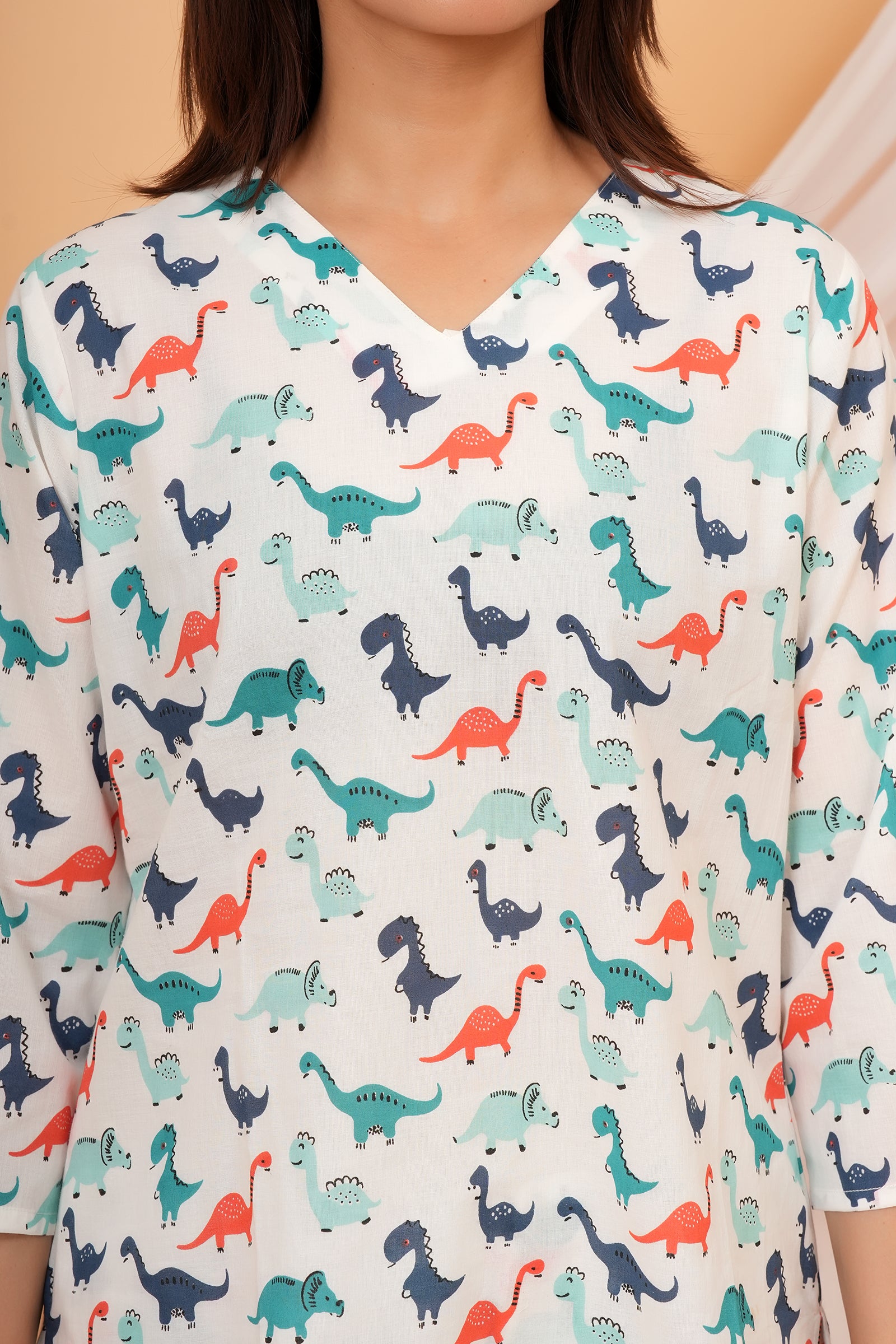 Green, Orange, Blue Dinosaur Printed Night Dress for Maa Beti Duo - White