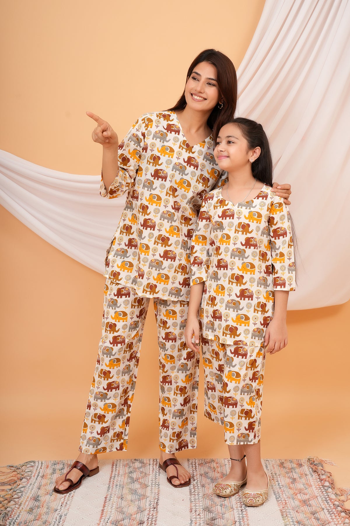 Elephant Printed Night Dress for Maa Beti Duo - White