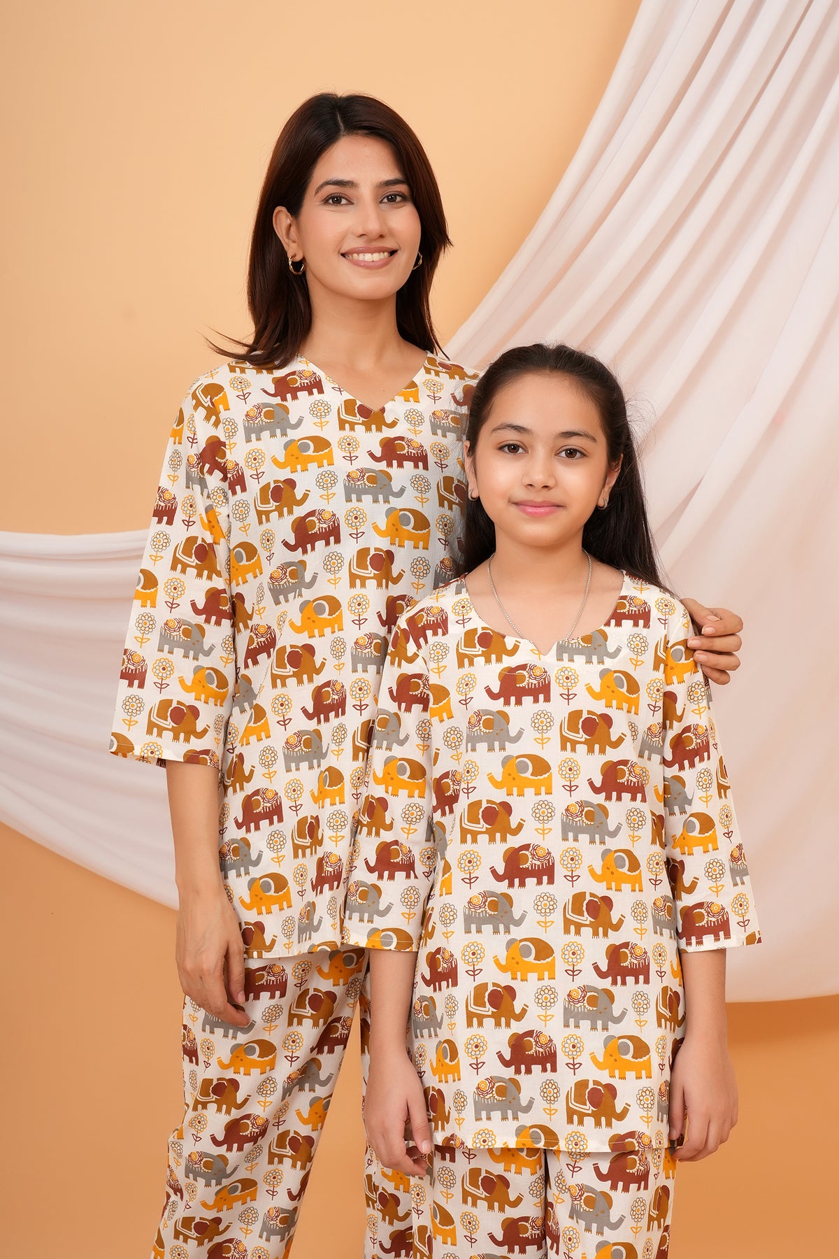 Elephant Printed Night Dress for Maa Beti Duo - White