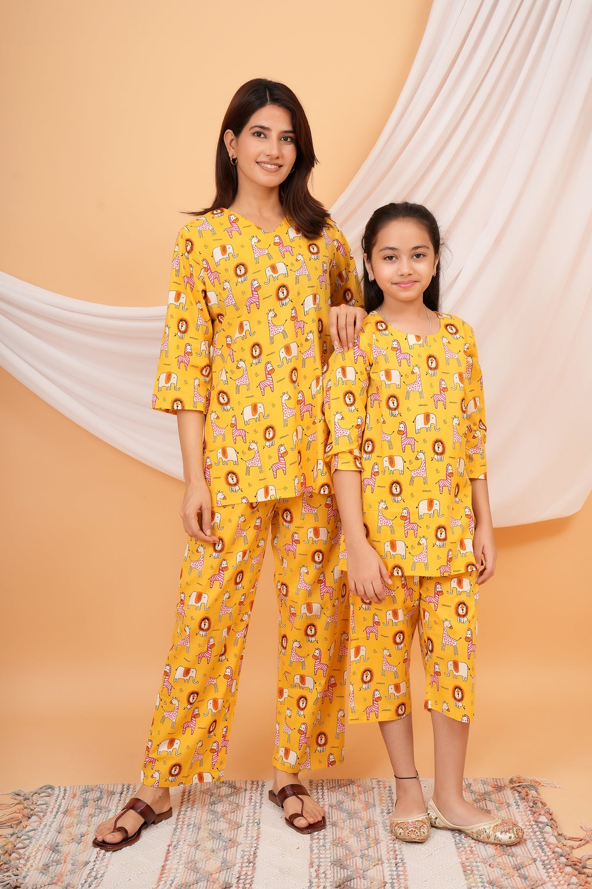 Giraffe, Lion & Zebra Printed Night Dress for Maa Beti Duo - Yellow