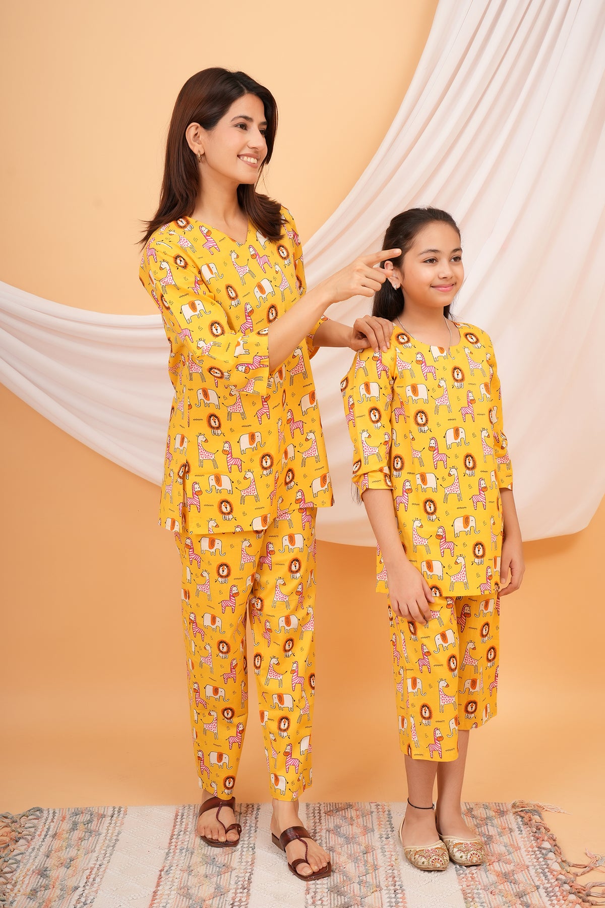 Giraffe, Lion & Zebra Printed Night Dress for Maa Beti Duo - Yellow