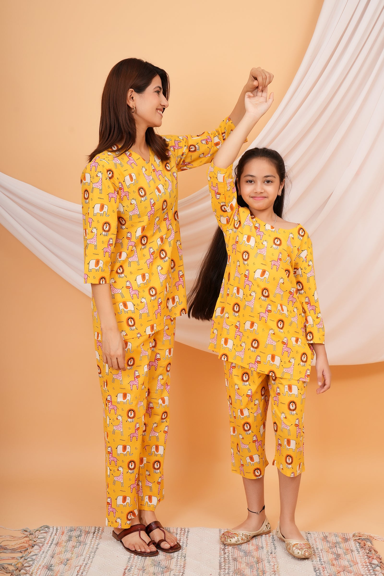 Giraffe, Lion & Zebra Printed Night Dress for Maa Beti Duo - Yellow