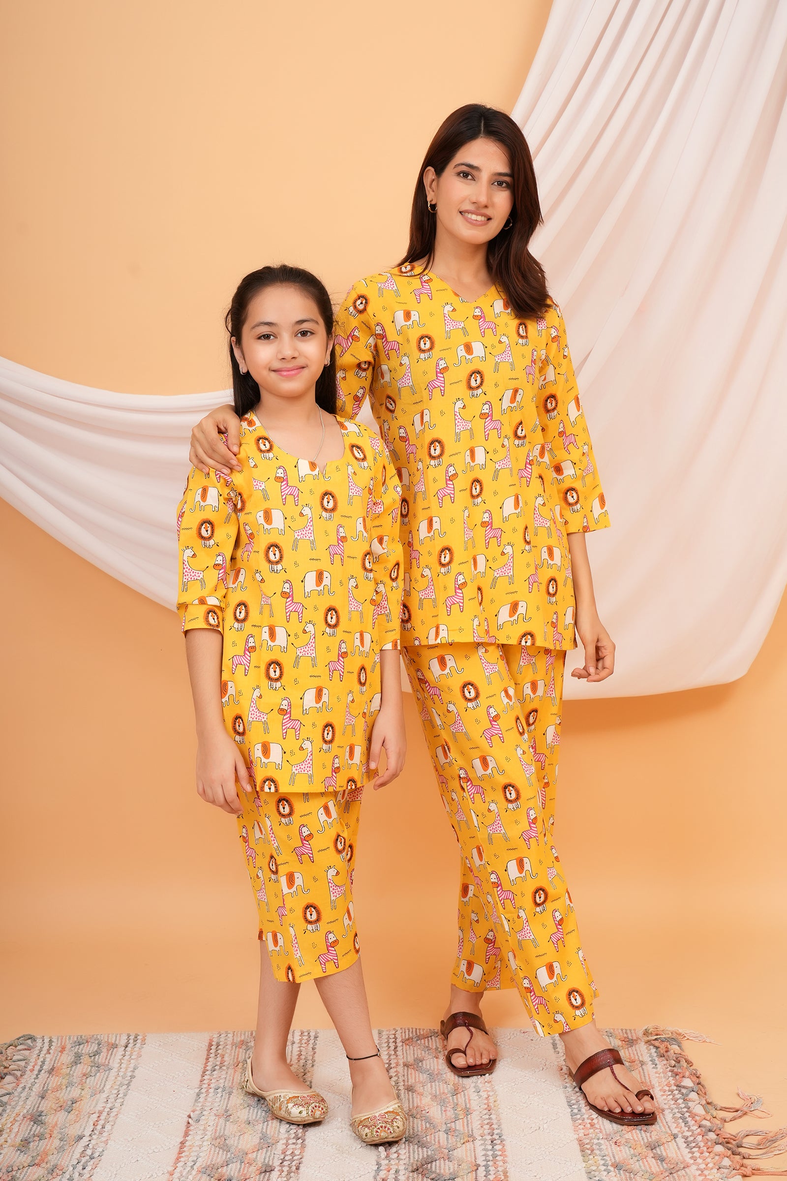 Giraffe, Lion & Zebra Printed Night Dress for Maa Beti Duo - Yellow
