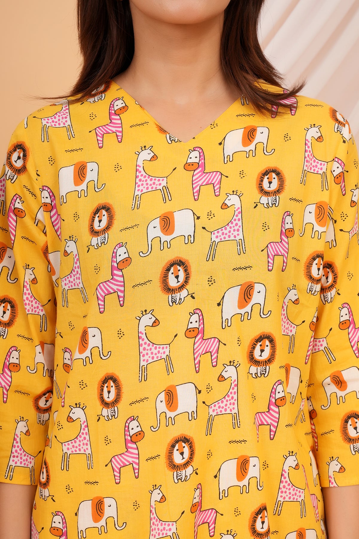 Giraffe, Lion & Zebra Printed Night Dress for Maa Beti Duo - Yellow