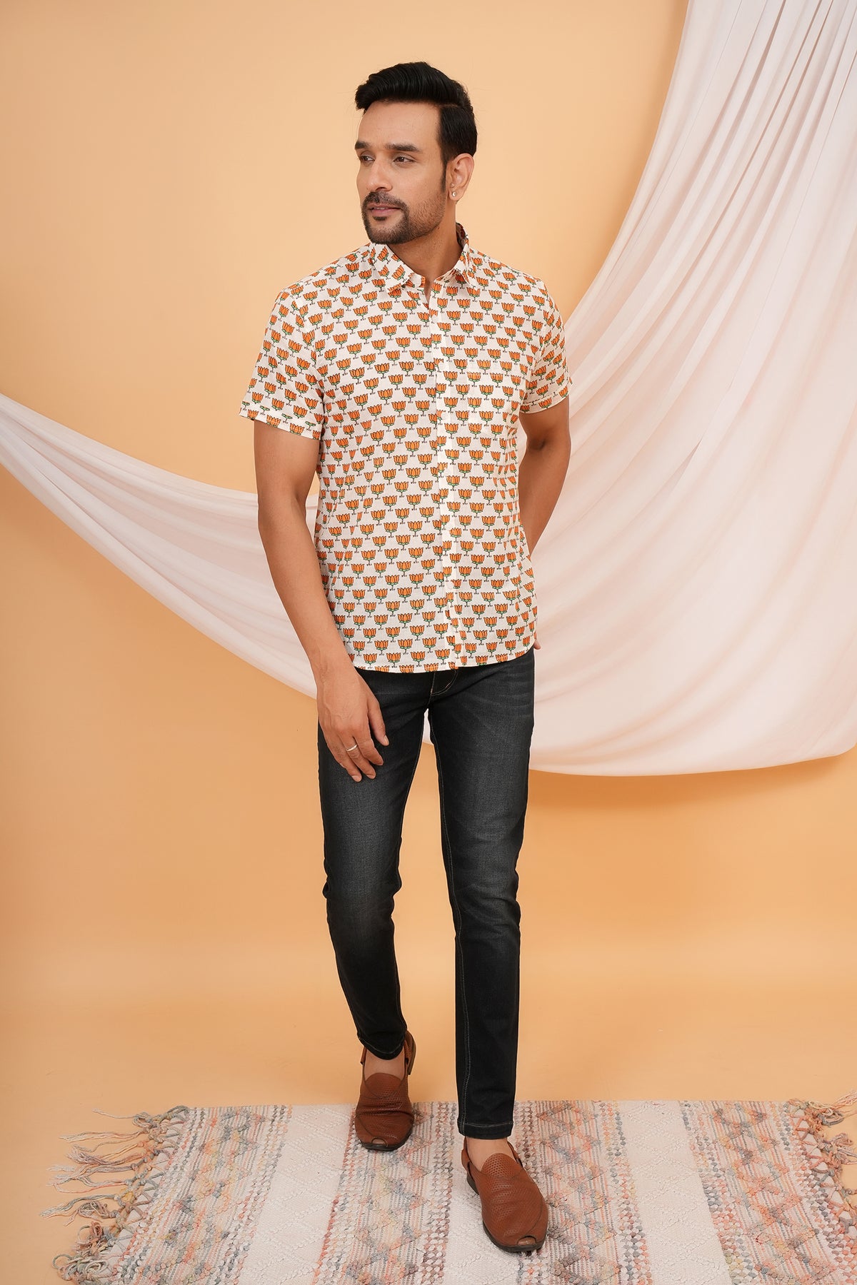 Traditional  Lotus Motif In Vibrant Saffron Orange Color Shirt For Beta