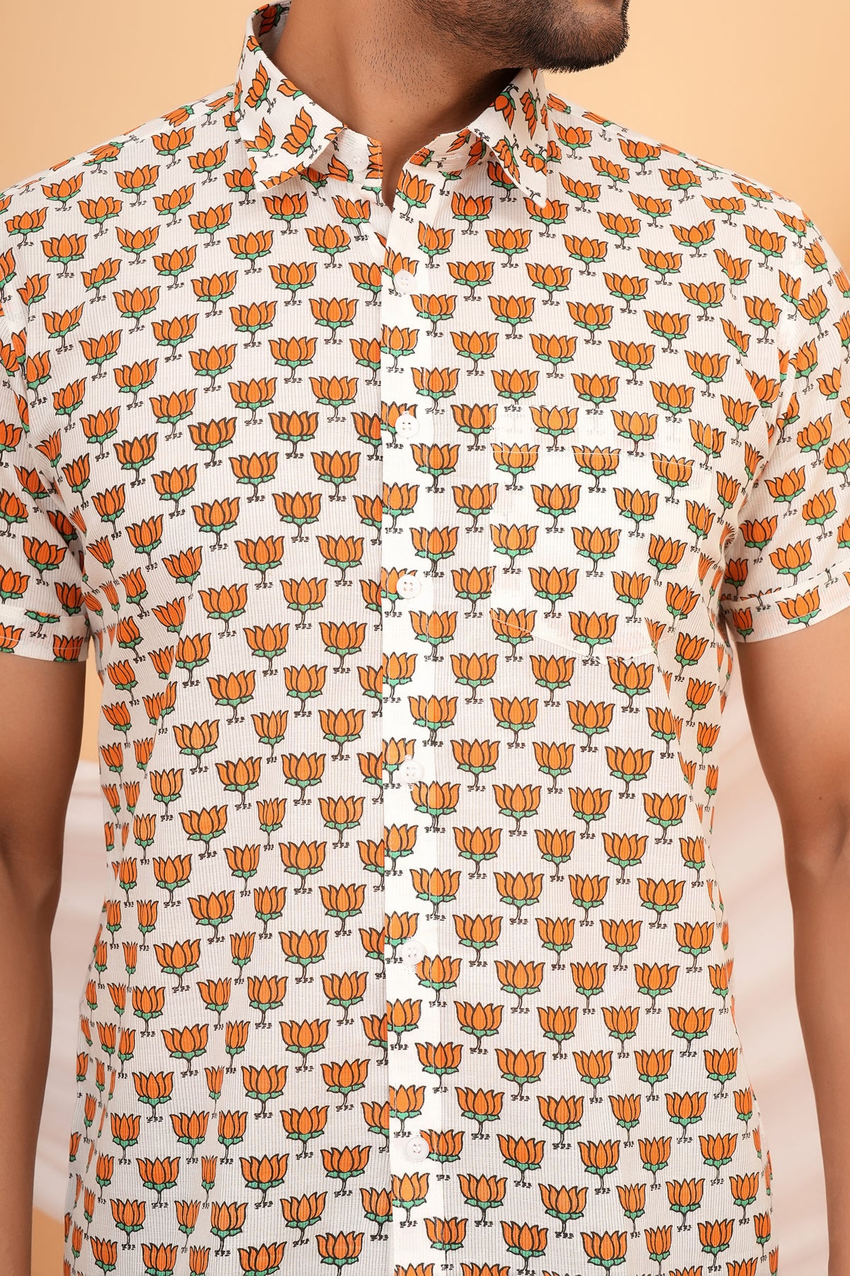 Traditional  Lotus Motif In Vibrant Saffron Orange Color Shirt For Beta