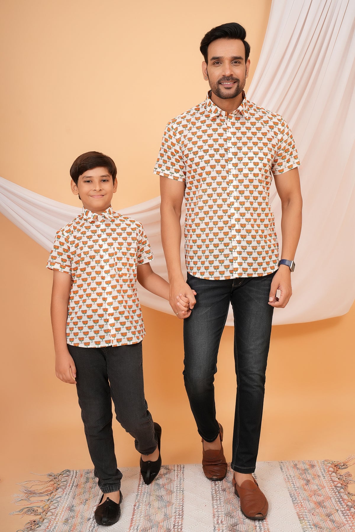 Traditional  Lotus Motif In Vibrant Saffron Orange Color Shirt For Beta