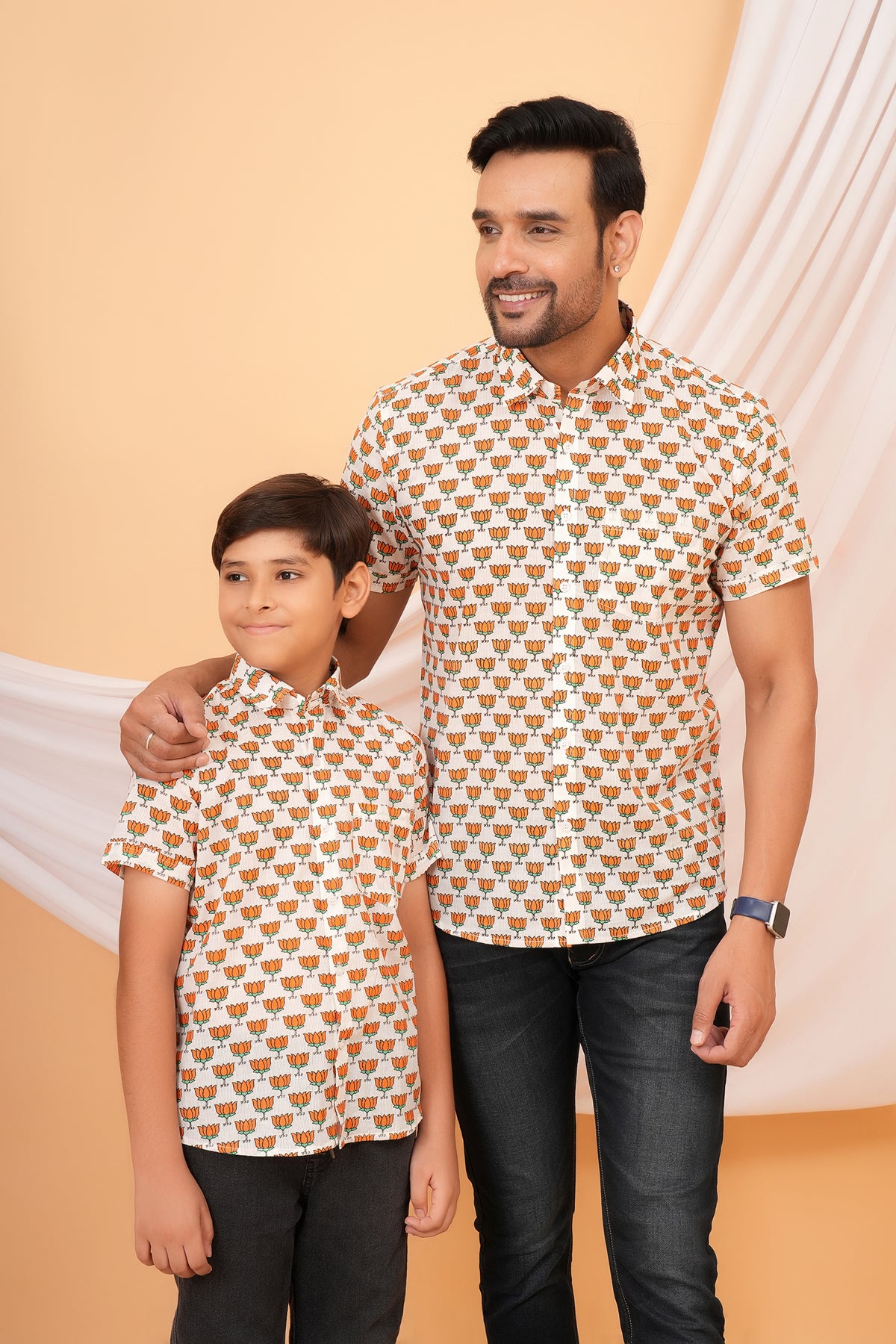 Traditional  Lotus Motif In Vibrant Saffron Orange Color Shirt For Beta