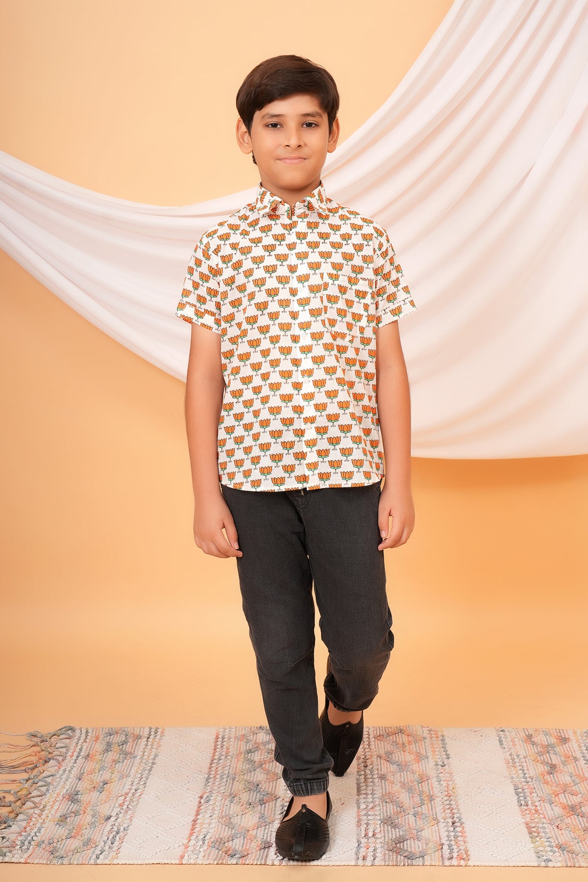 Traditional  Lotus Motif In Vibrant Saffron Orange Color Shirt For Beta