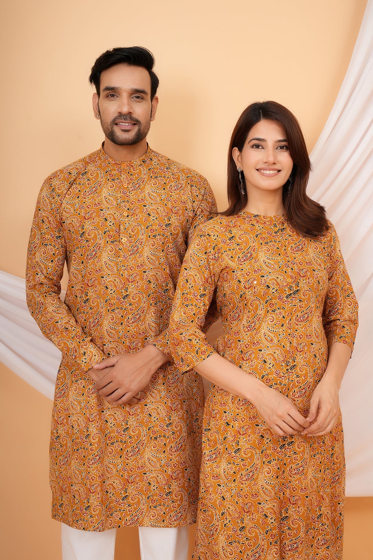 Kalamkari Inspired Paisley, Floral and Leafy Printed Kurta For Beta- Mustard