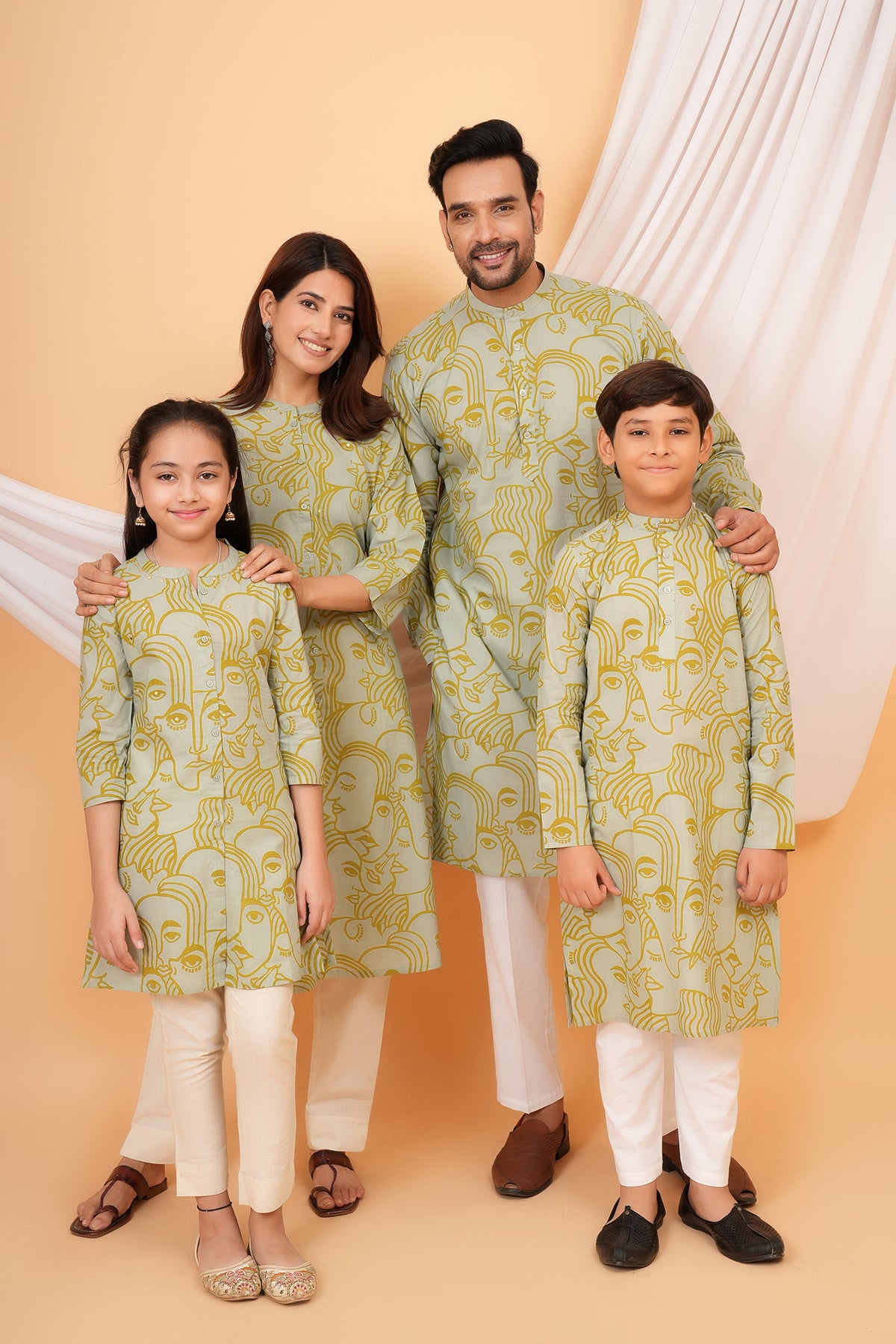 White Solid Base with Abstract Face Art Printed Kurti for Beta - Sage Green