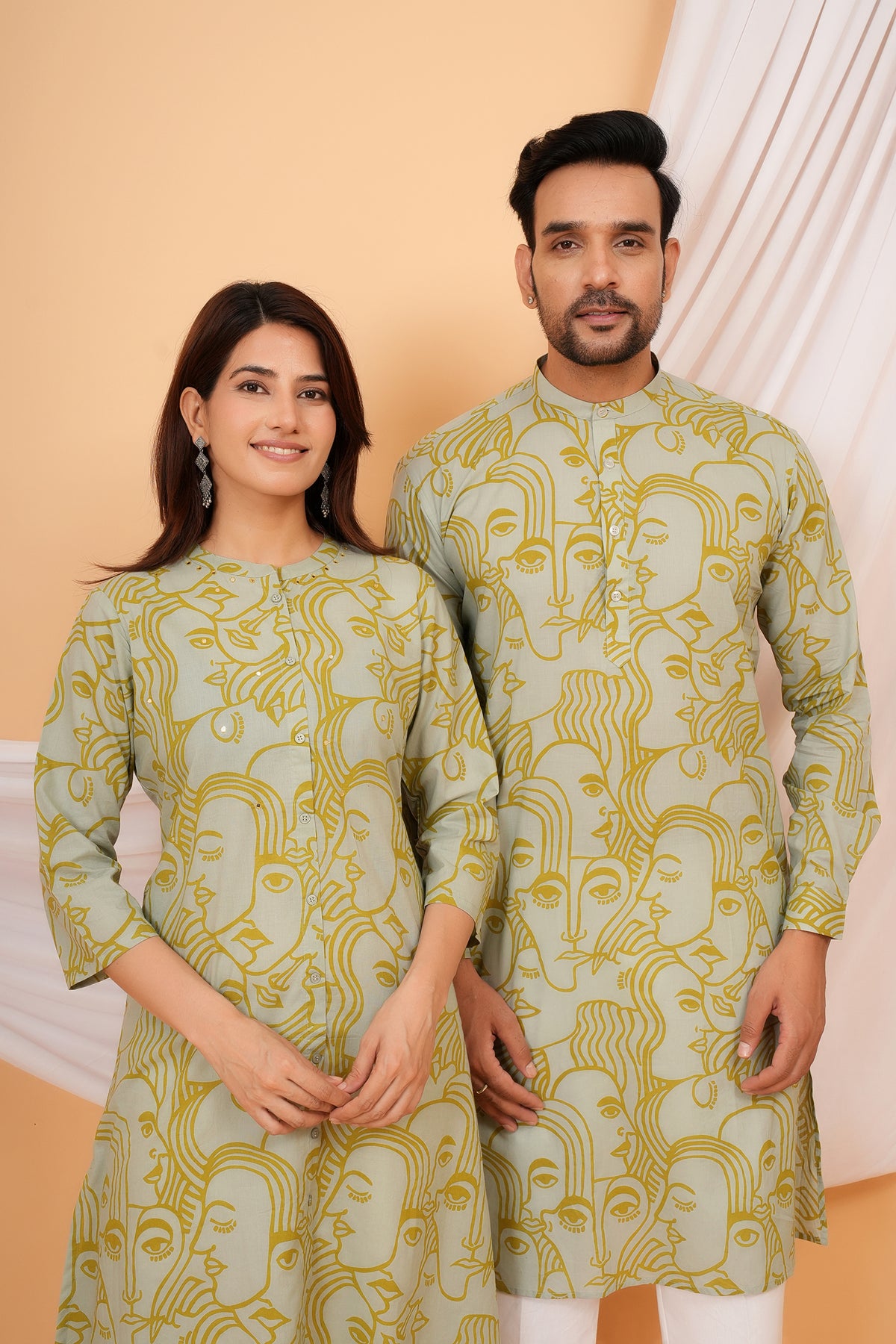 White Solid Base with Abstract Face Art Printed Kurti for Beti - Sage Green